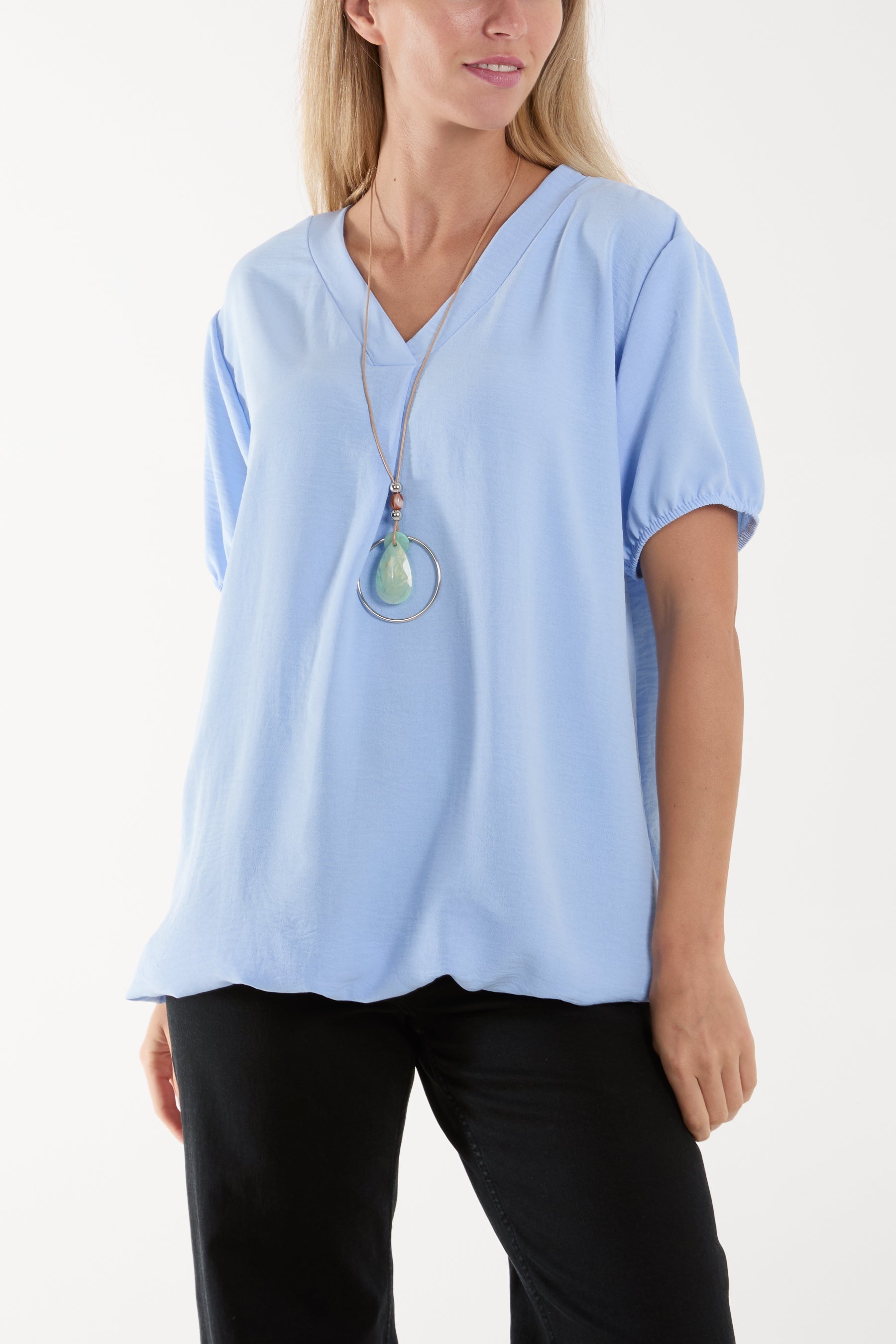 Necklace V-neck Bubble Hem Top Blouses WearAll