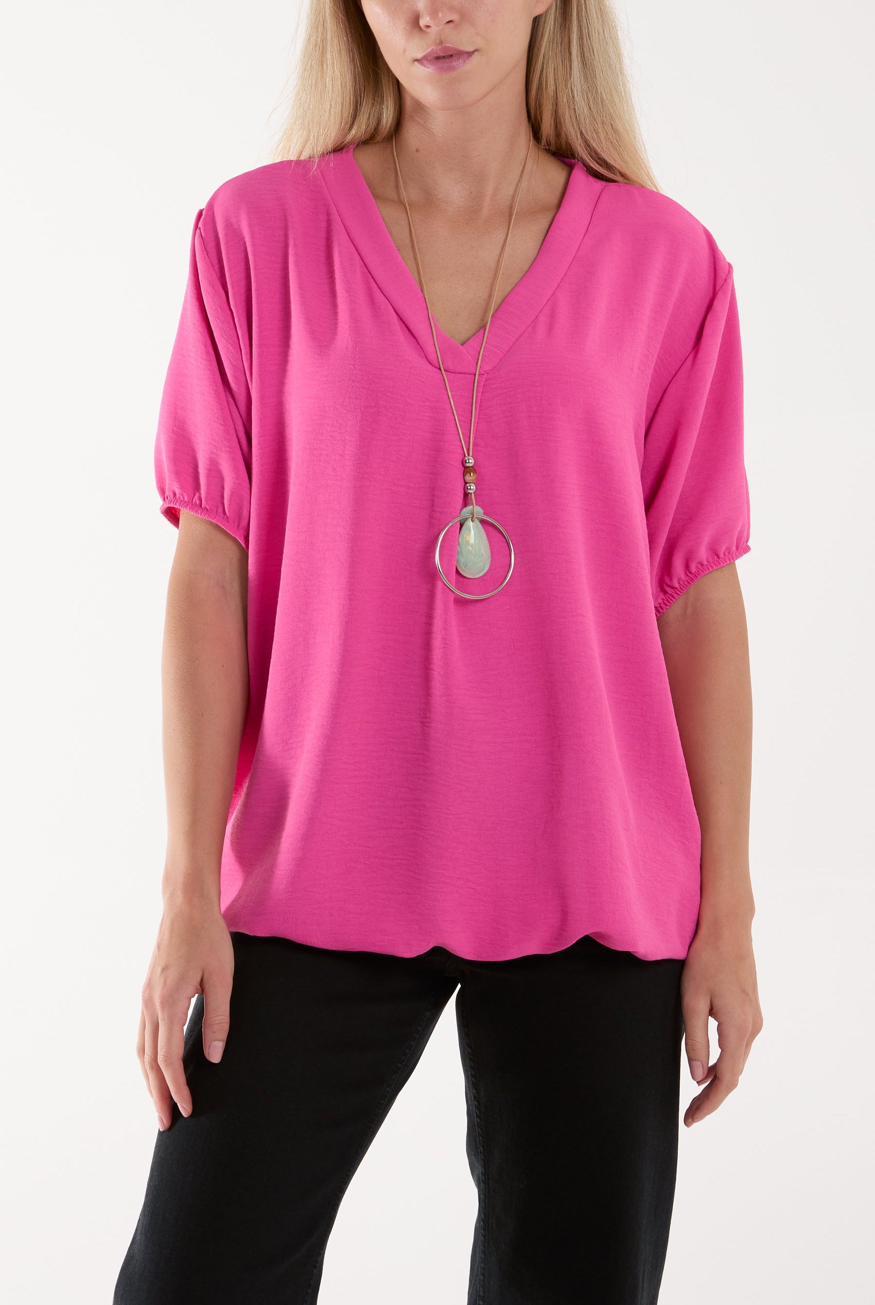 Necklace V-neck Bubble Hem Top Blouses WearAll Hot Pink One Size