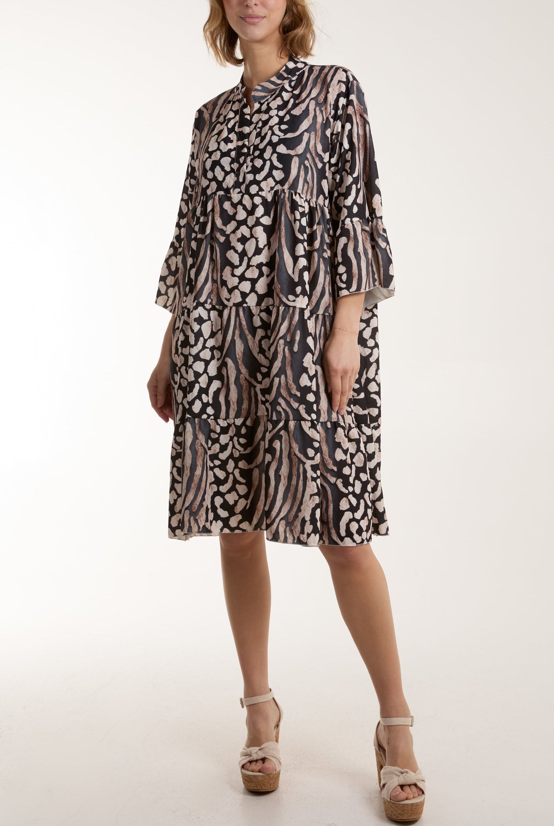 Colourful Leopard Print Tiered Smock Dress Dresses WearAll Black One Size