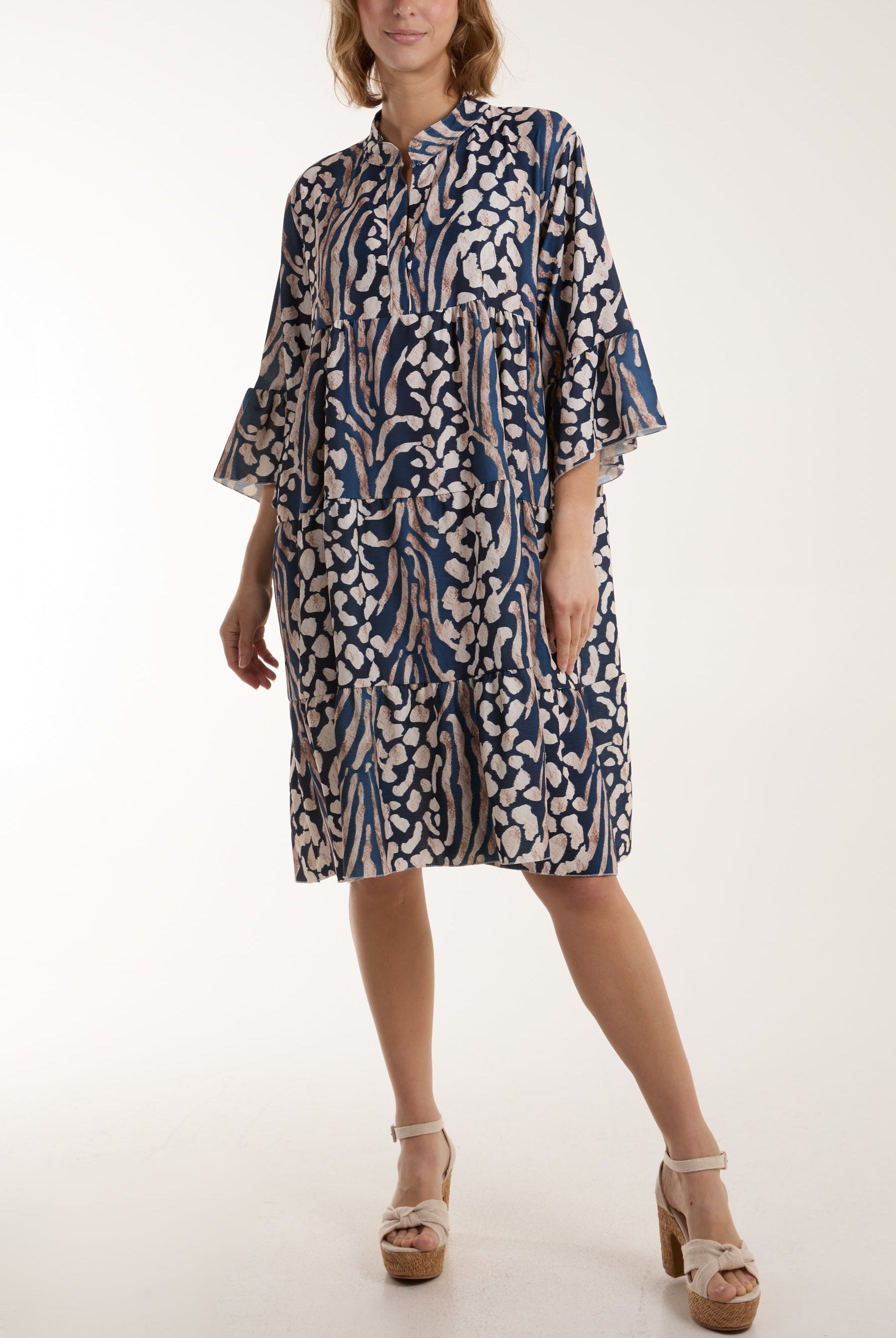 Colourful Leopard Print Tiered Smock Dress Dresses WearAll Navy One Size