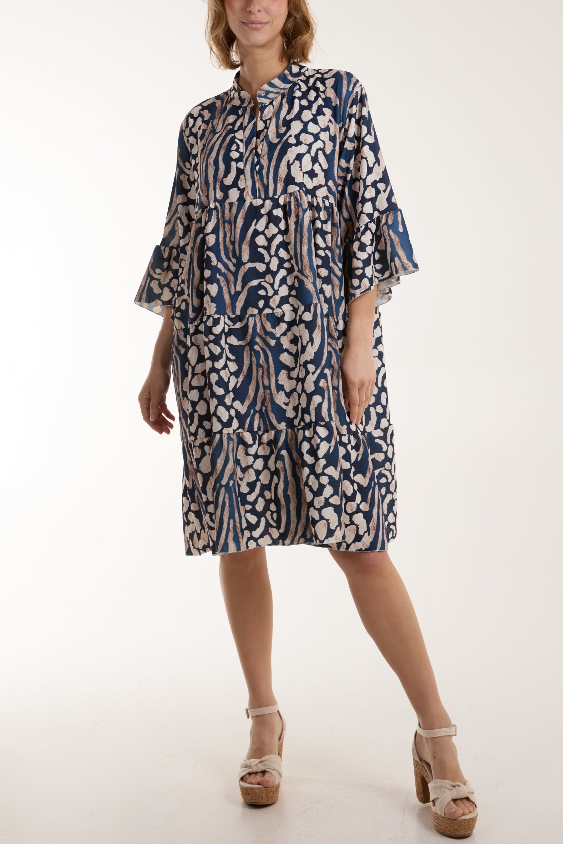 Colourful Leopard Print Tiered Smock Dress Dresses WearAll Navy One Size