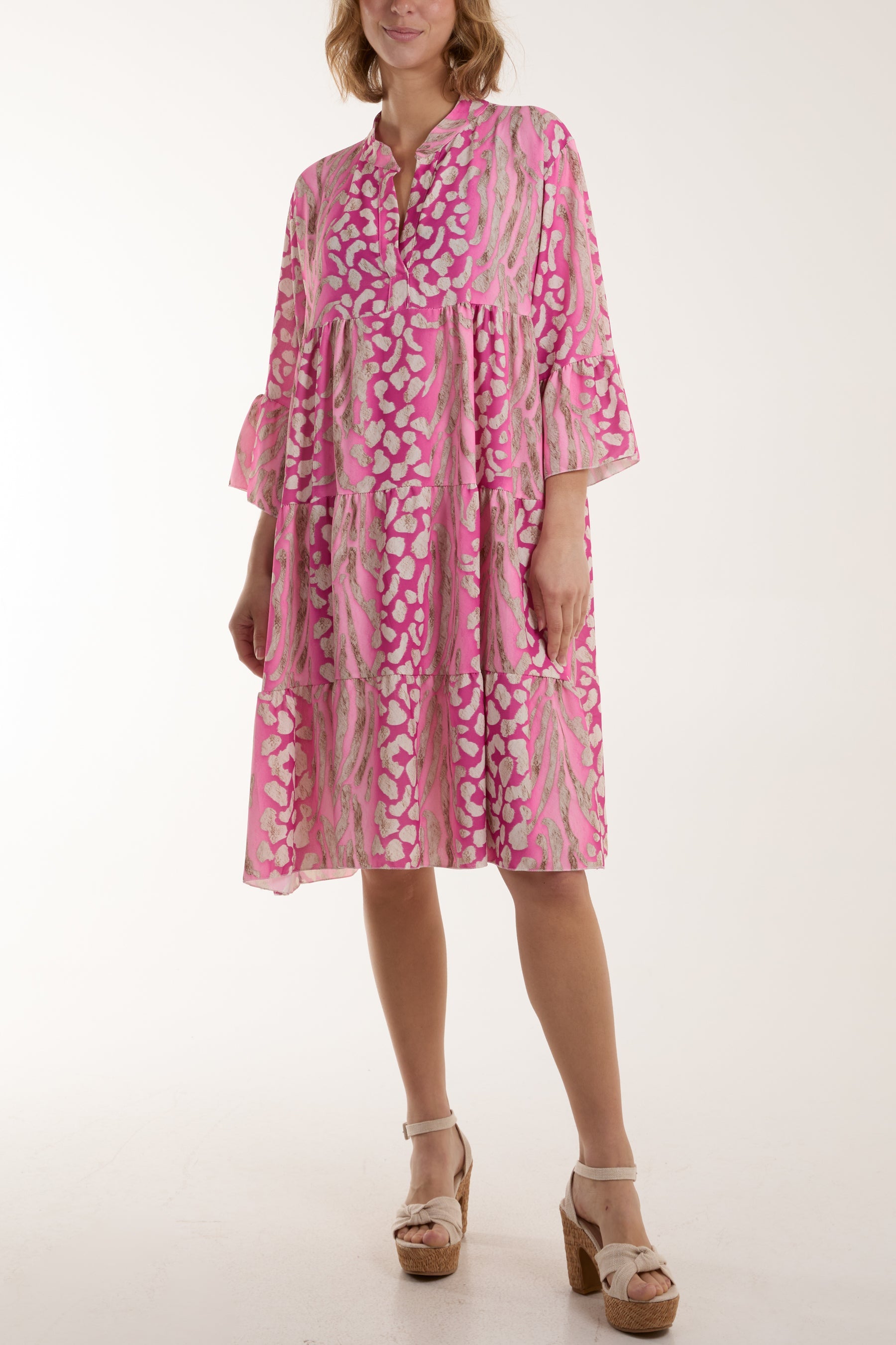 Colourful Leopard Print Tiered Smock Dress Dresses WearAll Hot Pink One Size