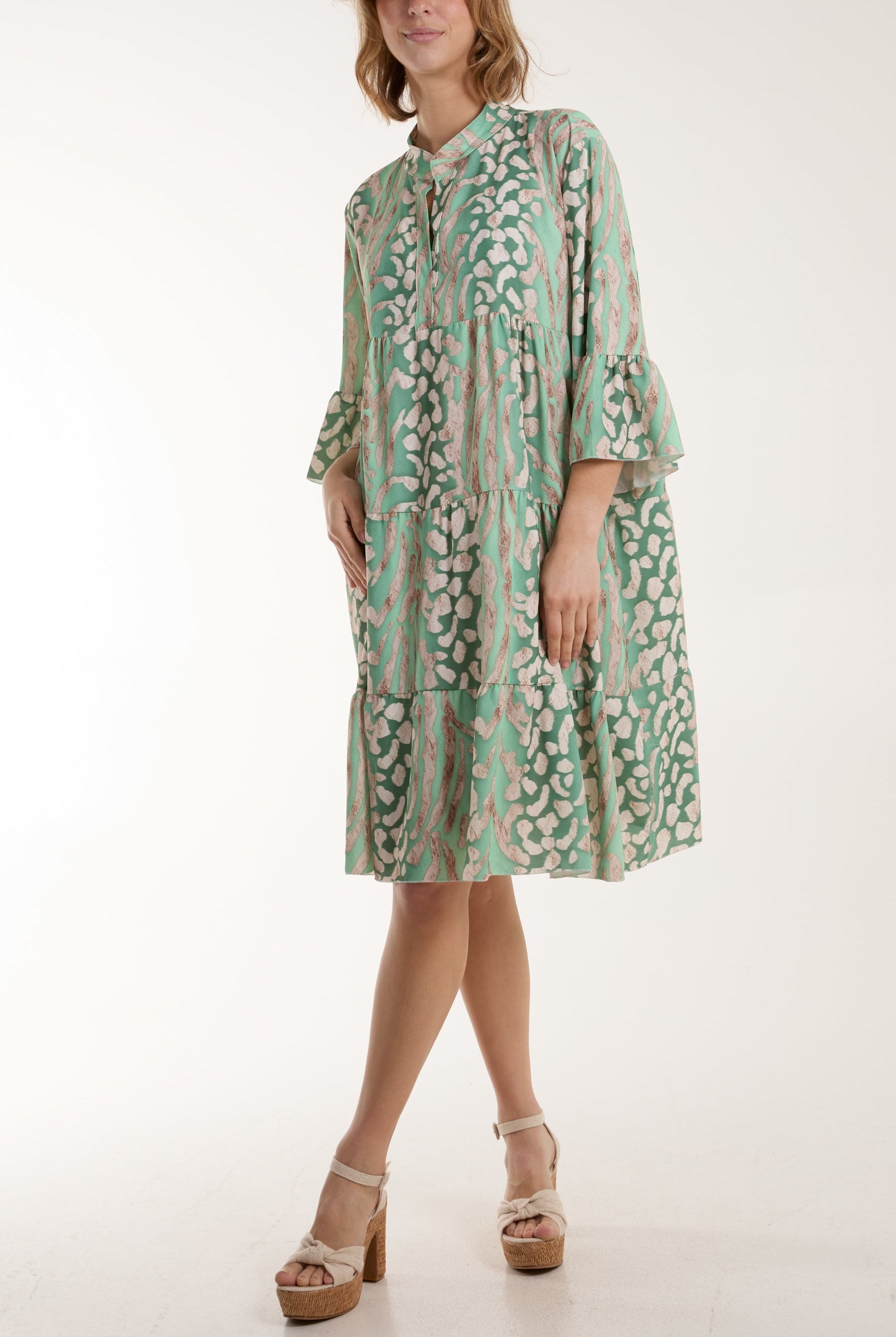 Colourful Leopard Print Tiered Smock Dress Dresses WearAll Sage One Size