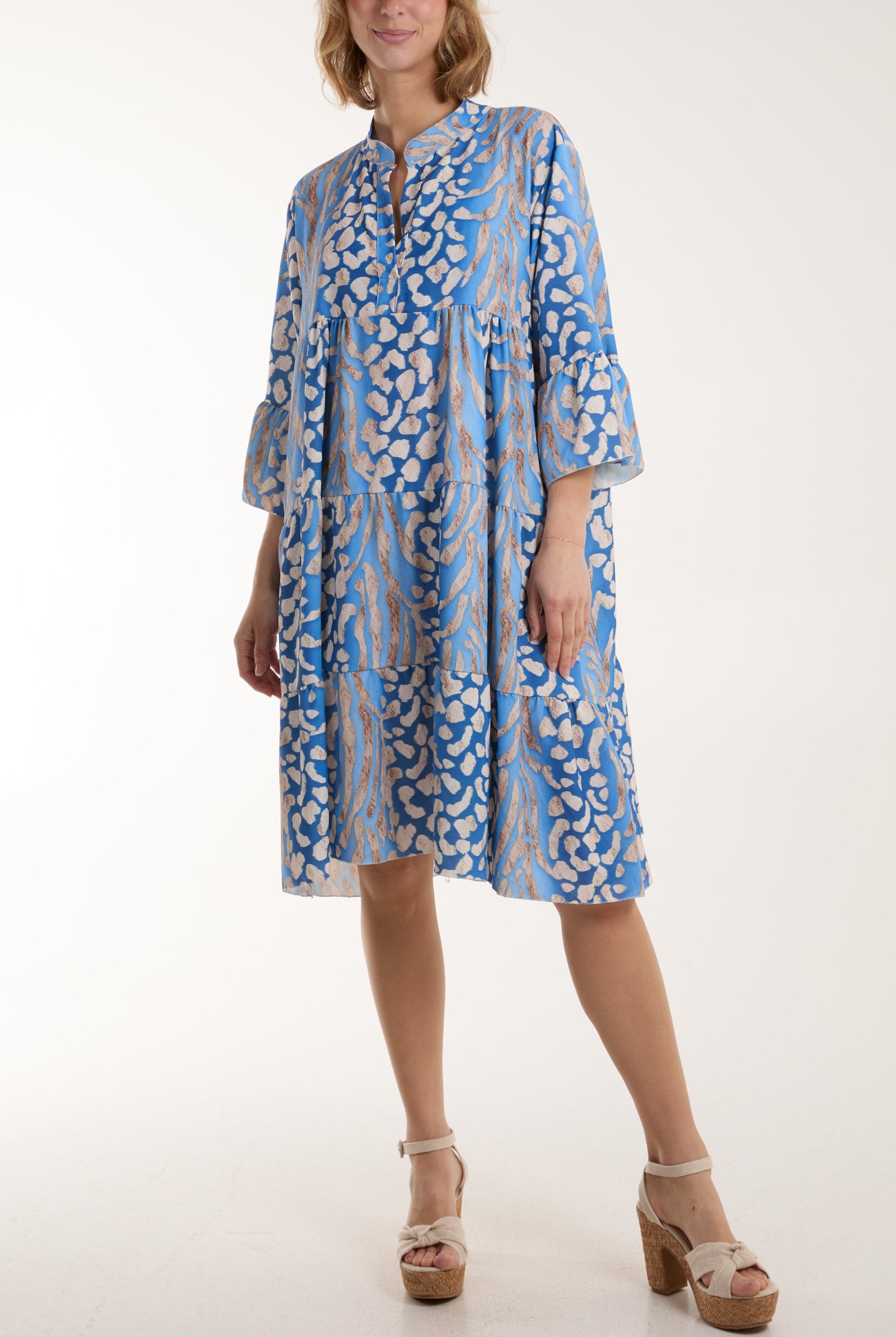 Colourful Leopard Print Tiered Smock Dress Dresses WearAll Light Blue One Size