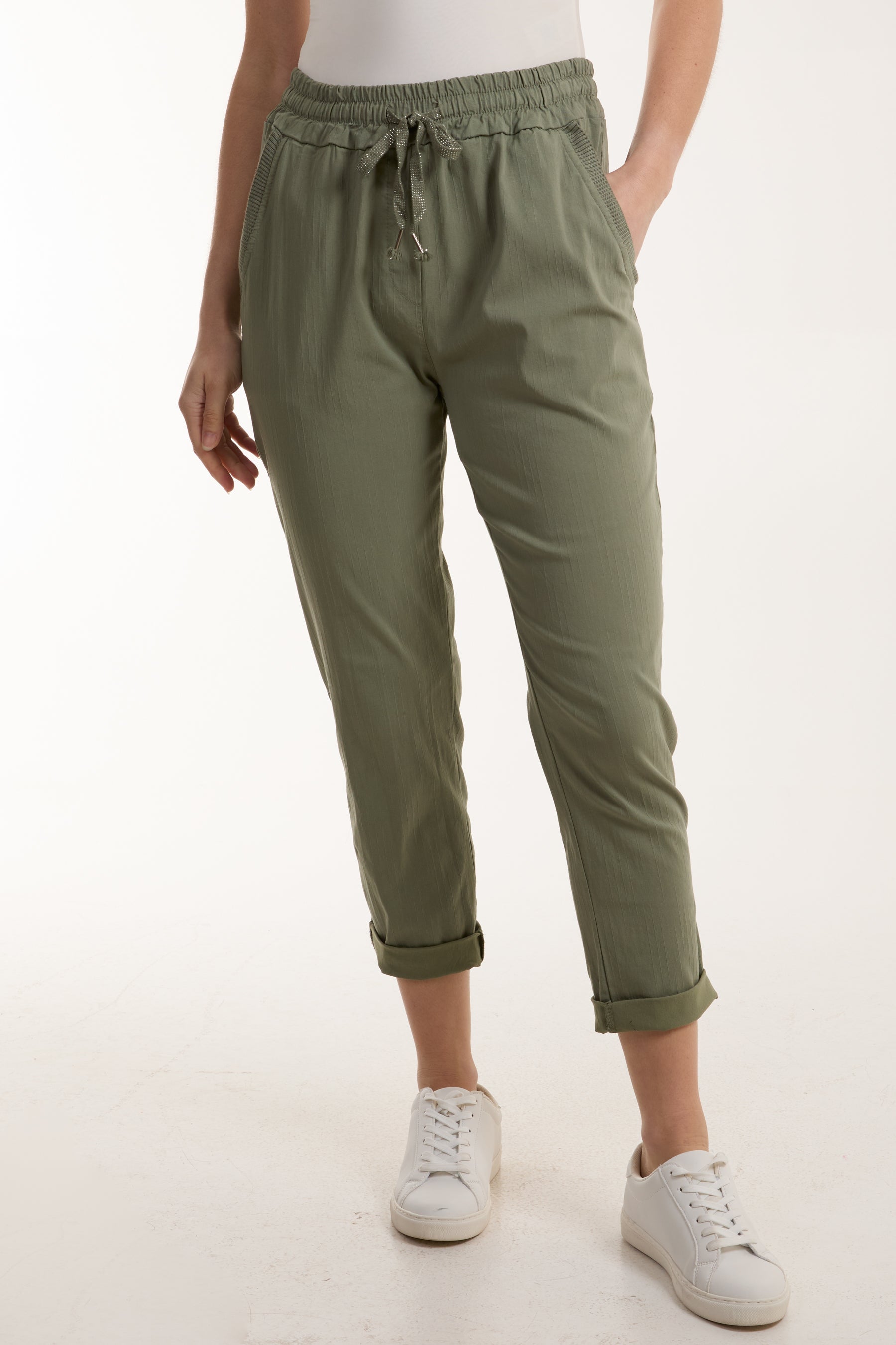 Texture Stripe Pocket Panel Trousers Trousers WearAll Khaki One Size