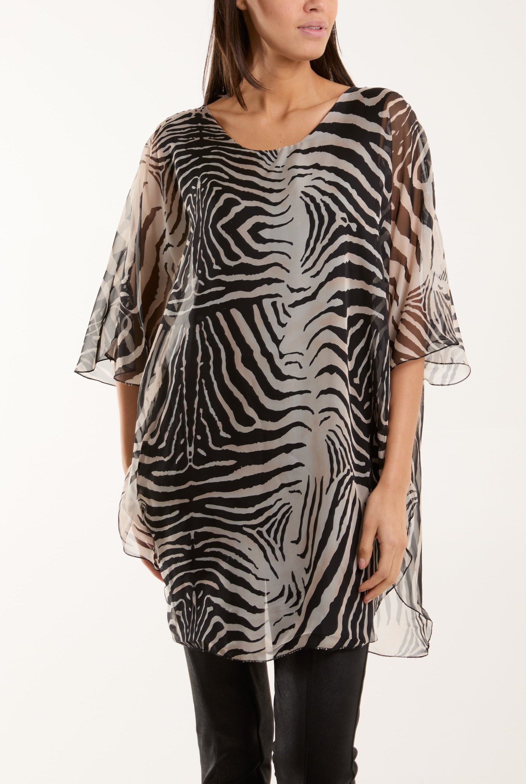 Zebra Print Sheer Long Blouse Blouses WearAll Black One Size
