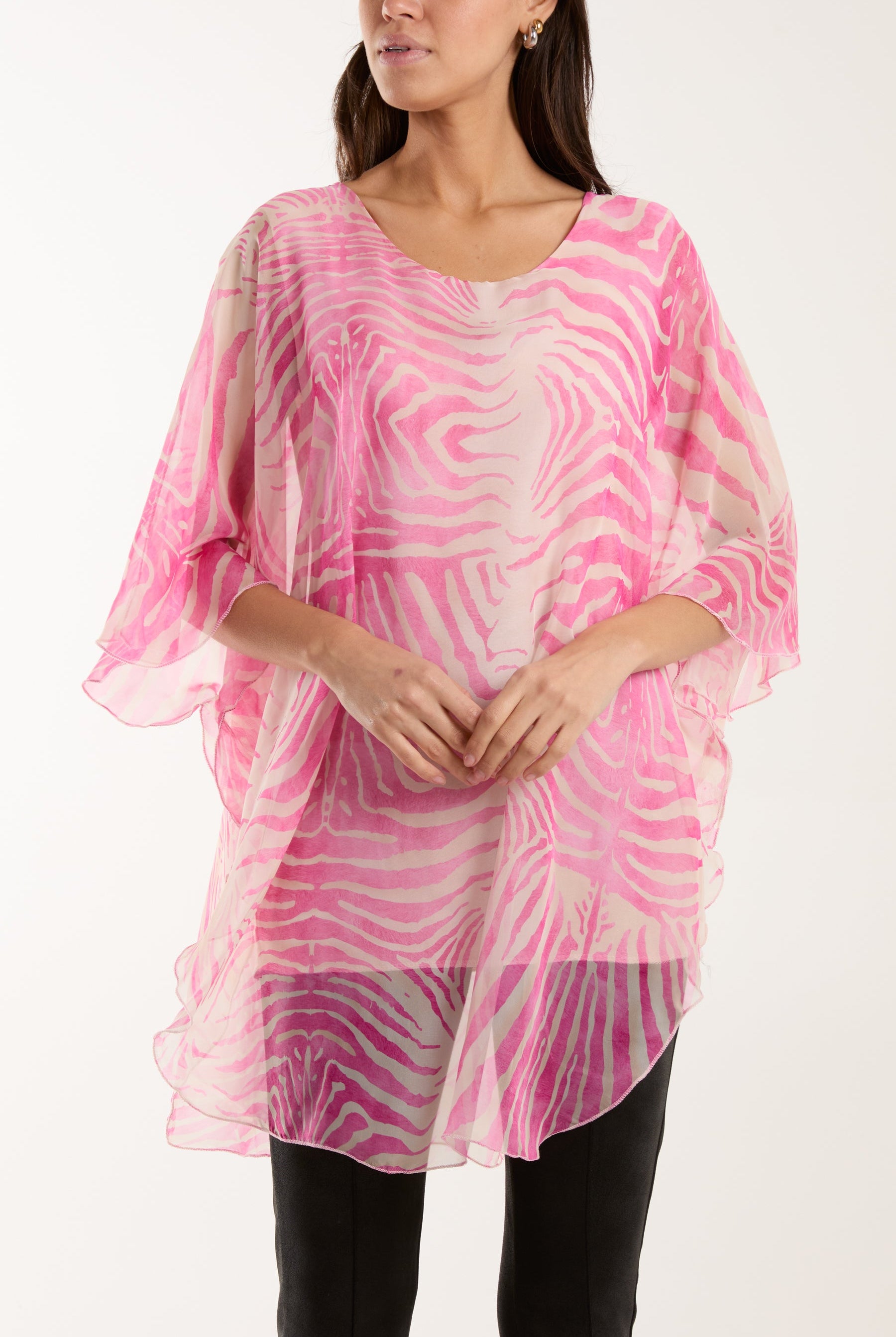 Zebra Print Sheer Long Blouse Blouses WearAll Fuchsia One Size