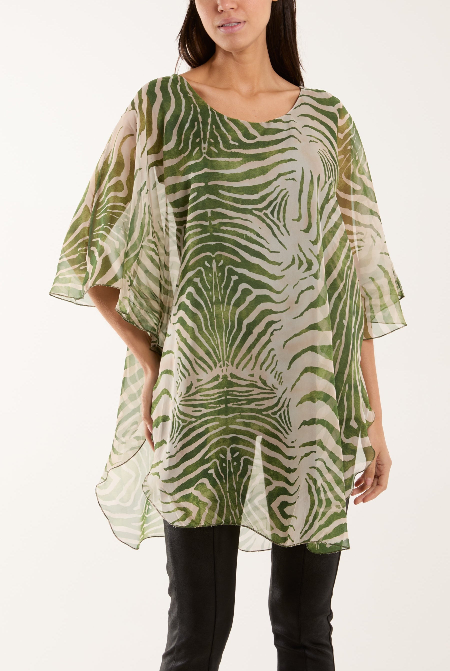 Zebra Print Sheer Long Blouse Blouses WearAll Khaki One Size