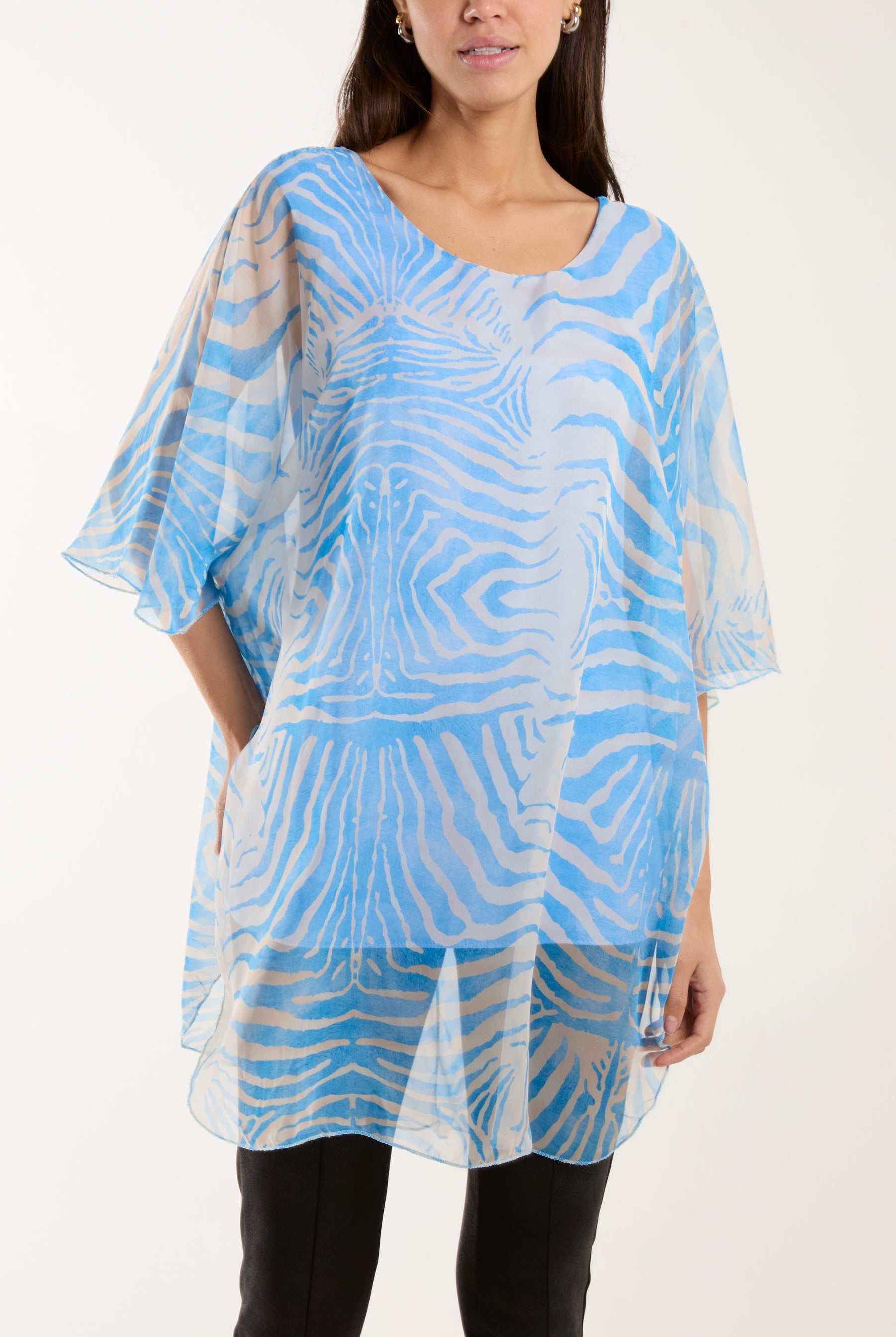 Zebra Print Sheer Long Blouse Blouses WearAll Blue One Size