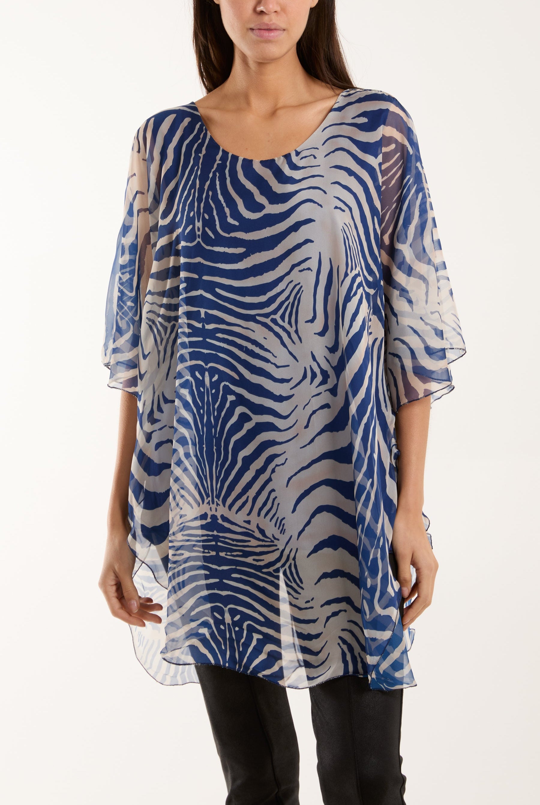 Zebra Print Sheer Long Blouse Blouses WearAll Navy One Size