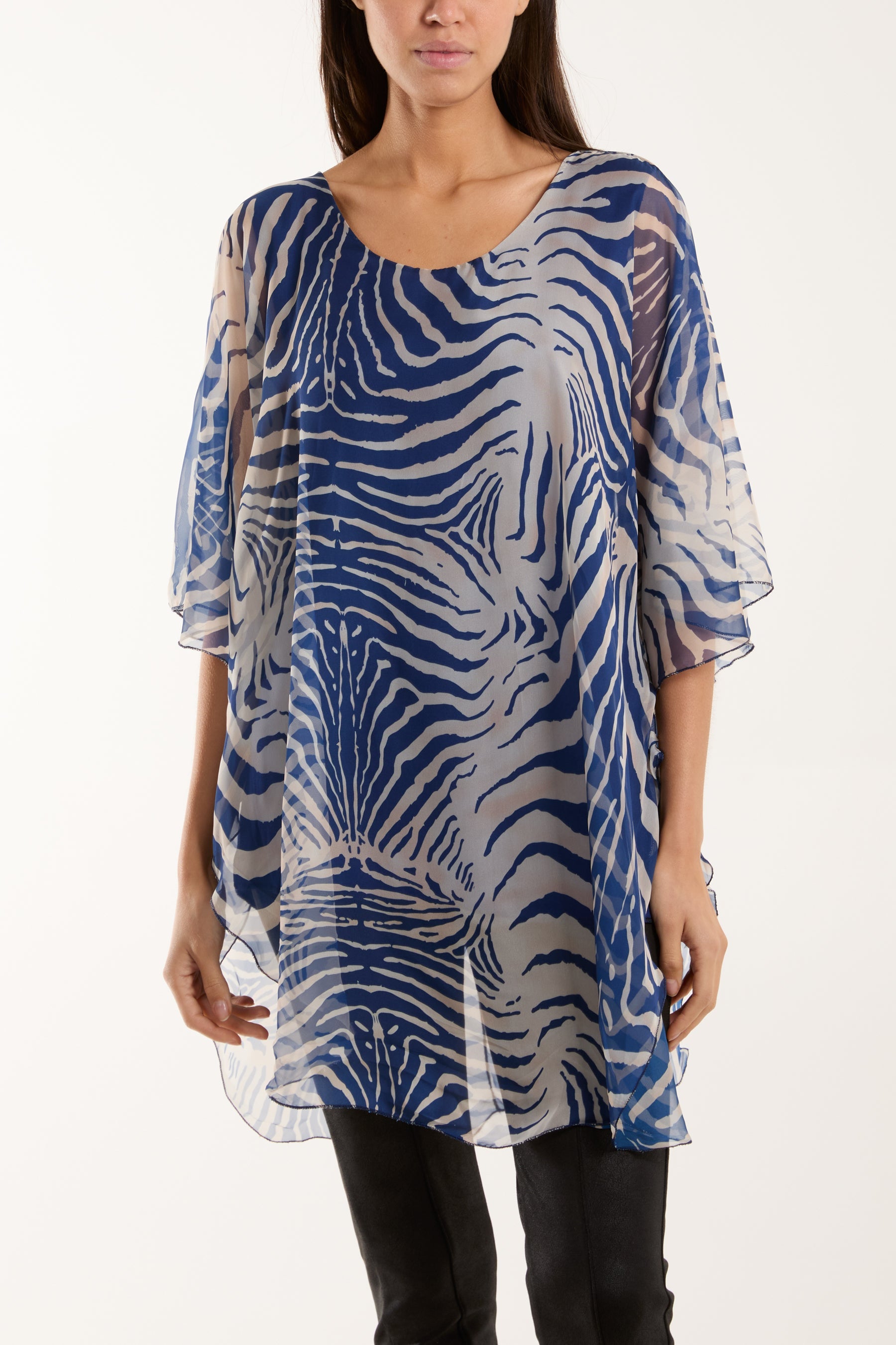 Zebra Print Sheer Long Blouse Blouses WearAll Navy One Size