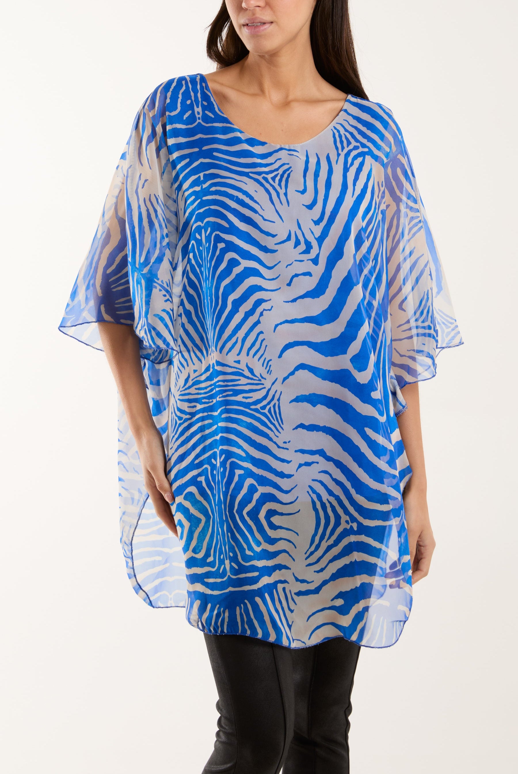 Zebra Print Sheer Long Blouse Blouses WearAll Royal Blue One Size