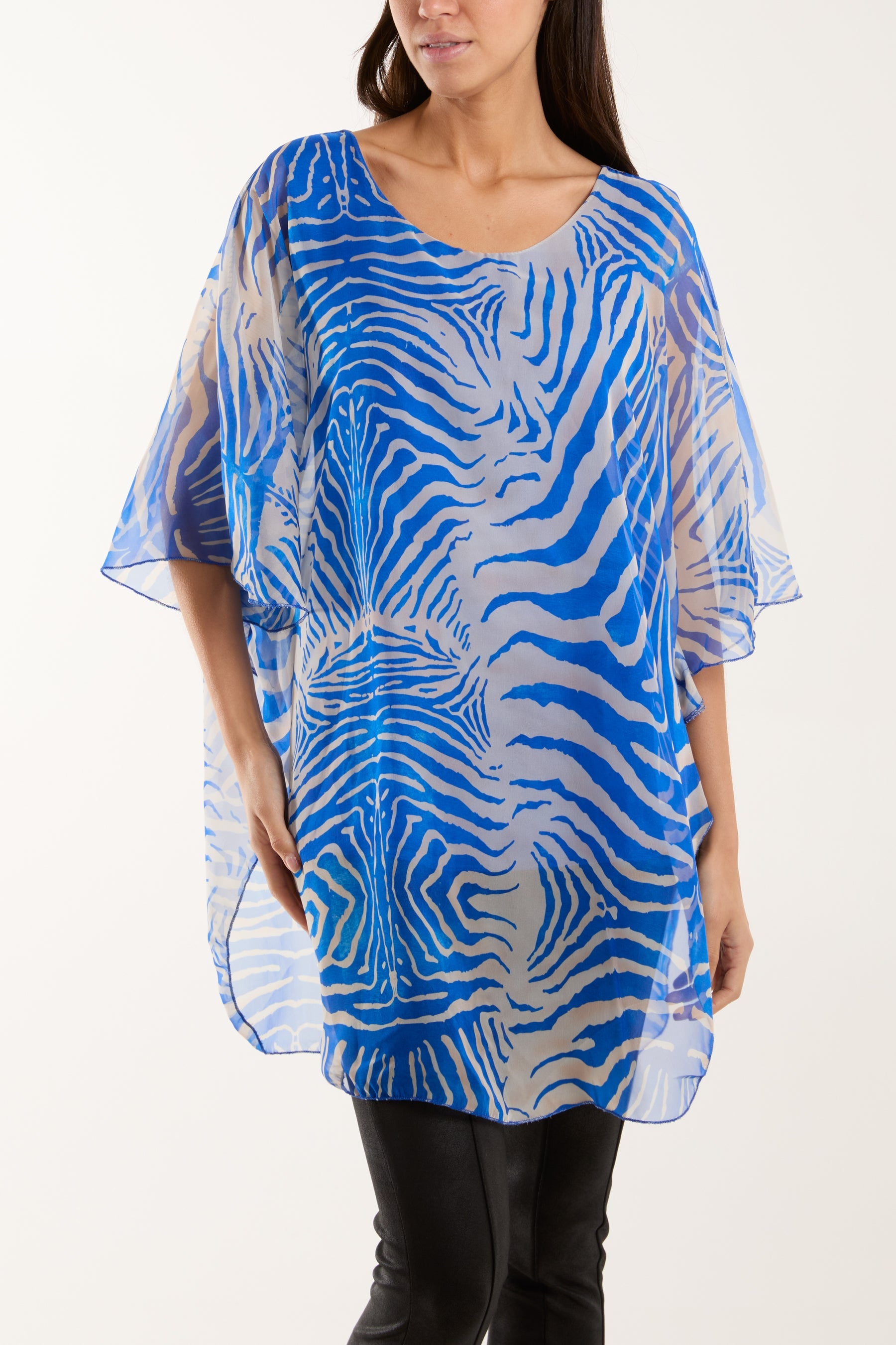 Zebra Print Sheer Long Blouse Blouses WearAll Royal Blue One Size