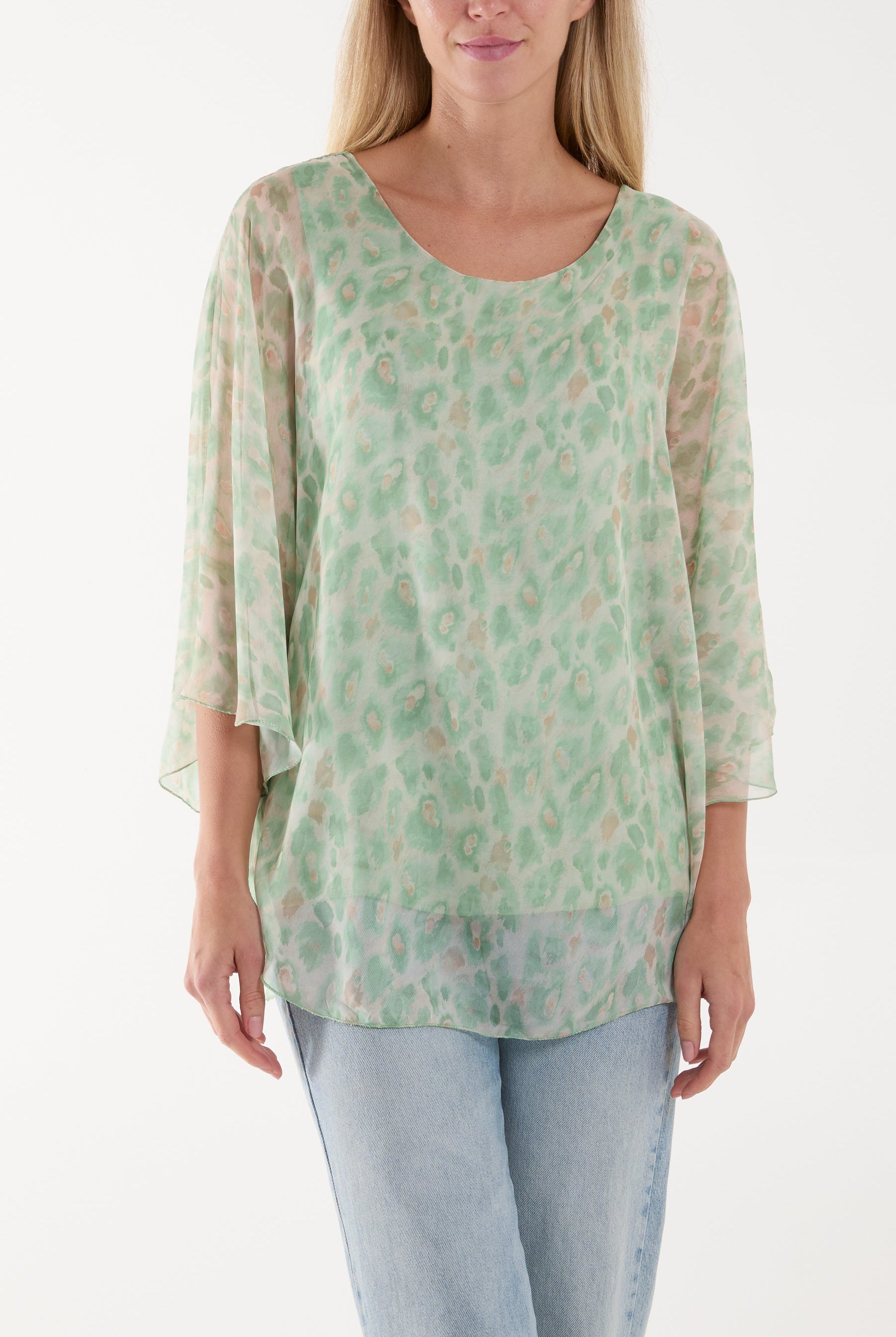 Silk Like Leopard Print Top Blouses WearAll Sage One Size