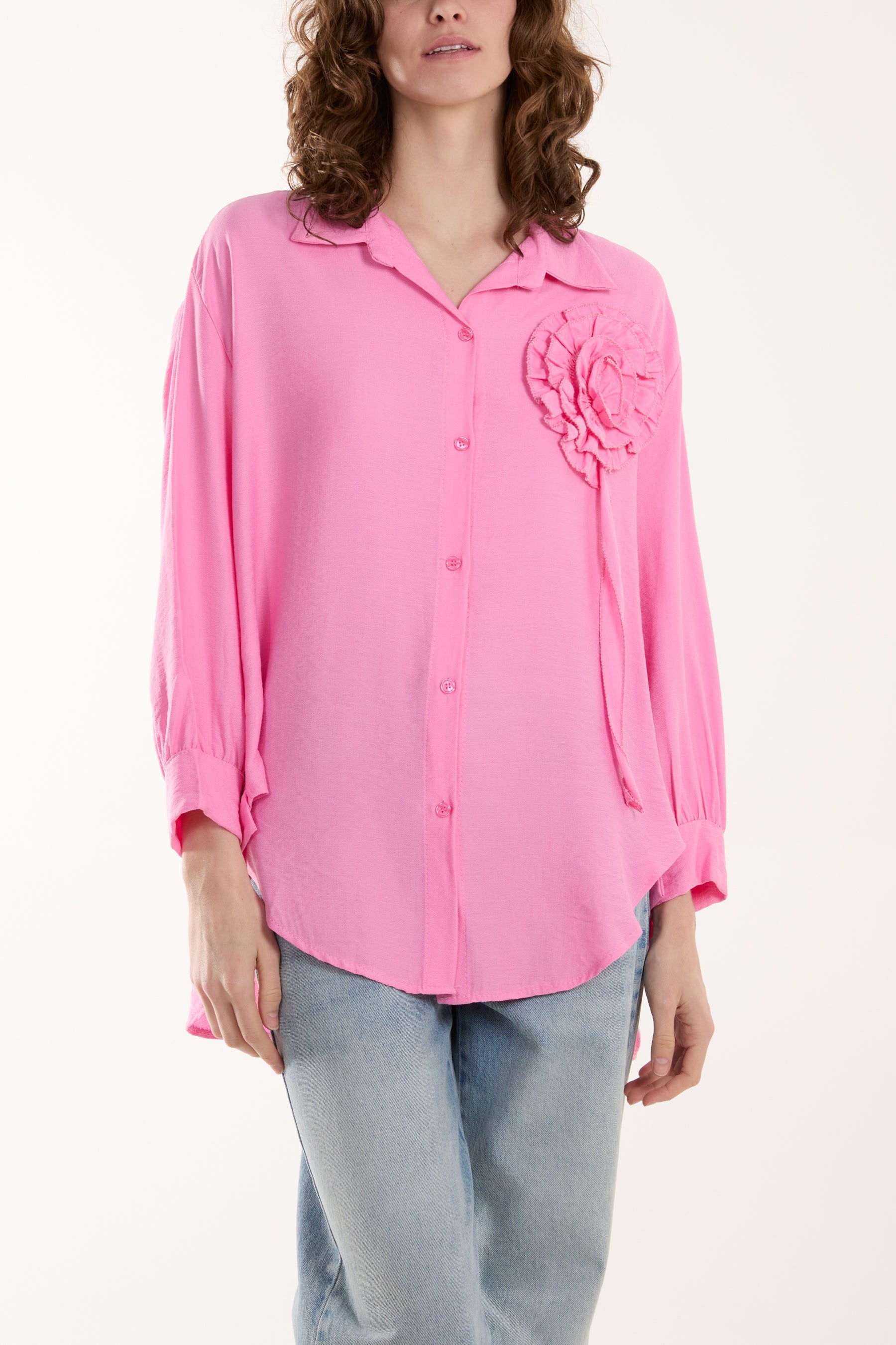 Large Ruffle Flower Shirt Shirts WearAll BubbleGum Pink One Size