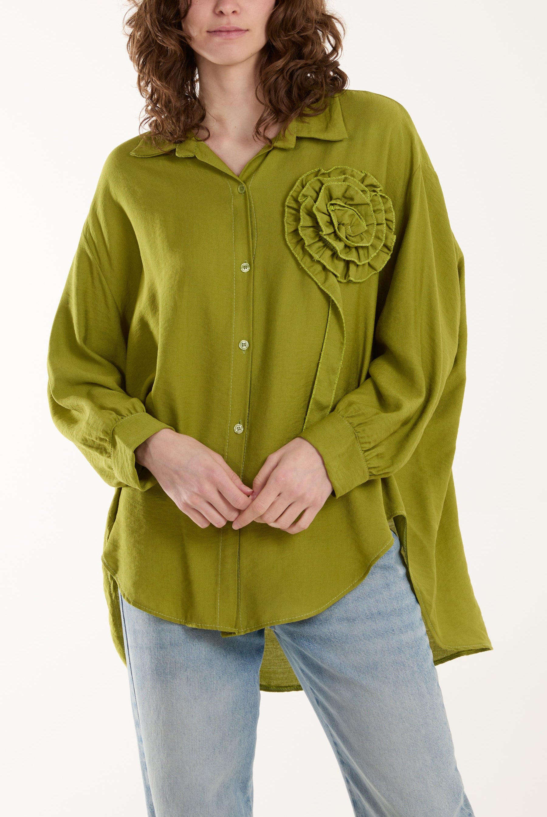Large Ruffle Flower Shirt Shirts WearAll Olive One Size
