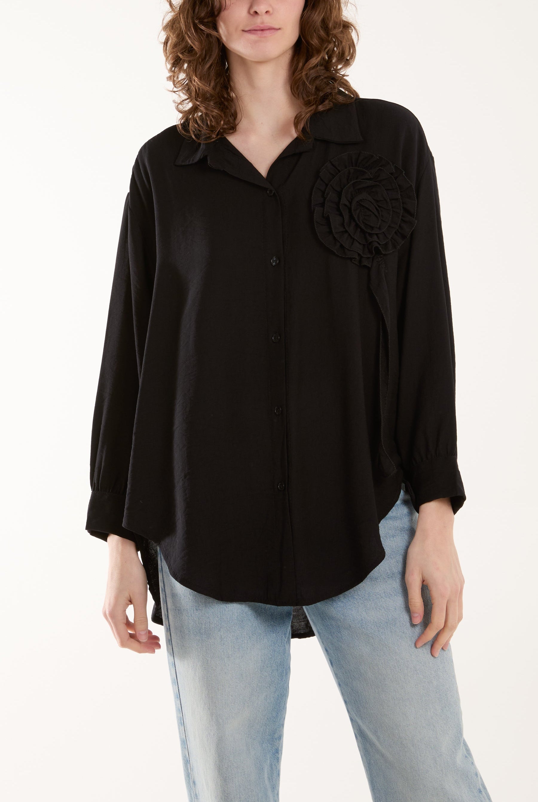 Large Ruffle Flower Shirt Shirts WearAll Black One Size