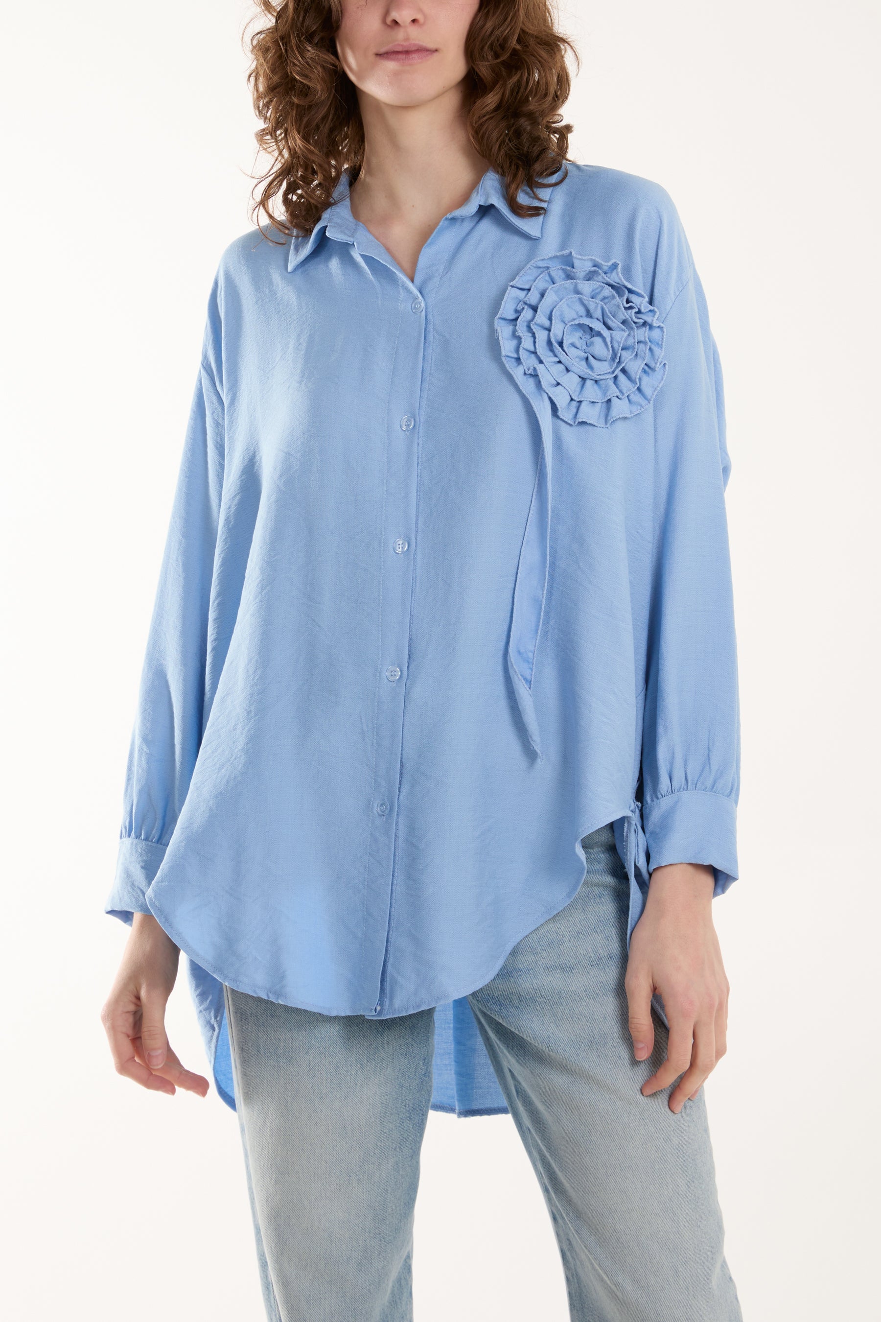 Large Ruffle Flower Shirt Shirts WearAll Light Blue One Size