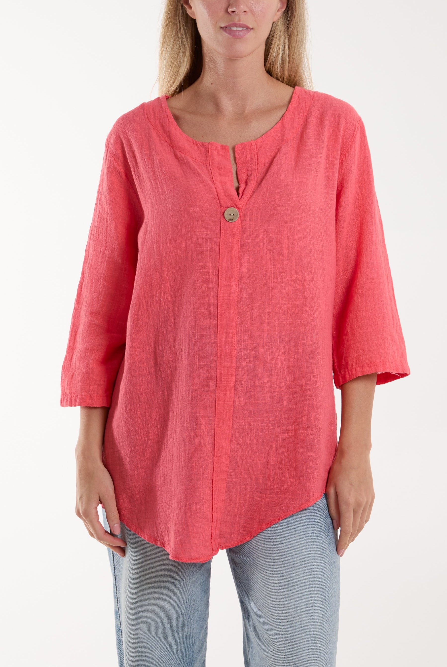 Front Button Cotton Washed Top Tops WearAll Coral One Size