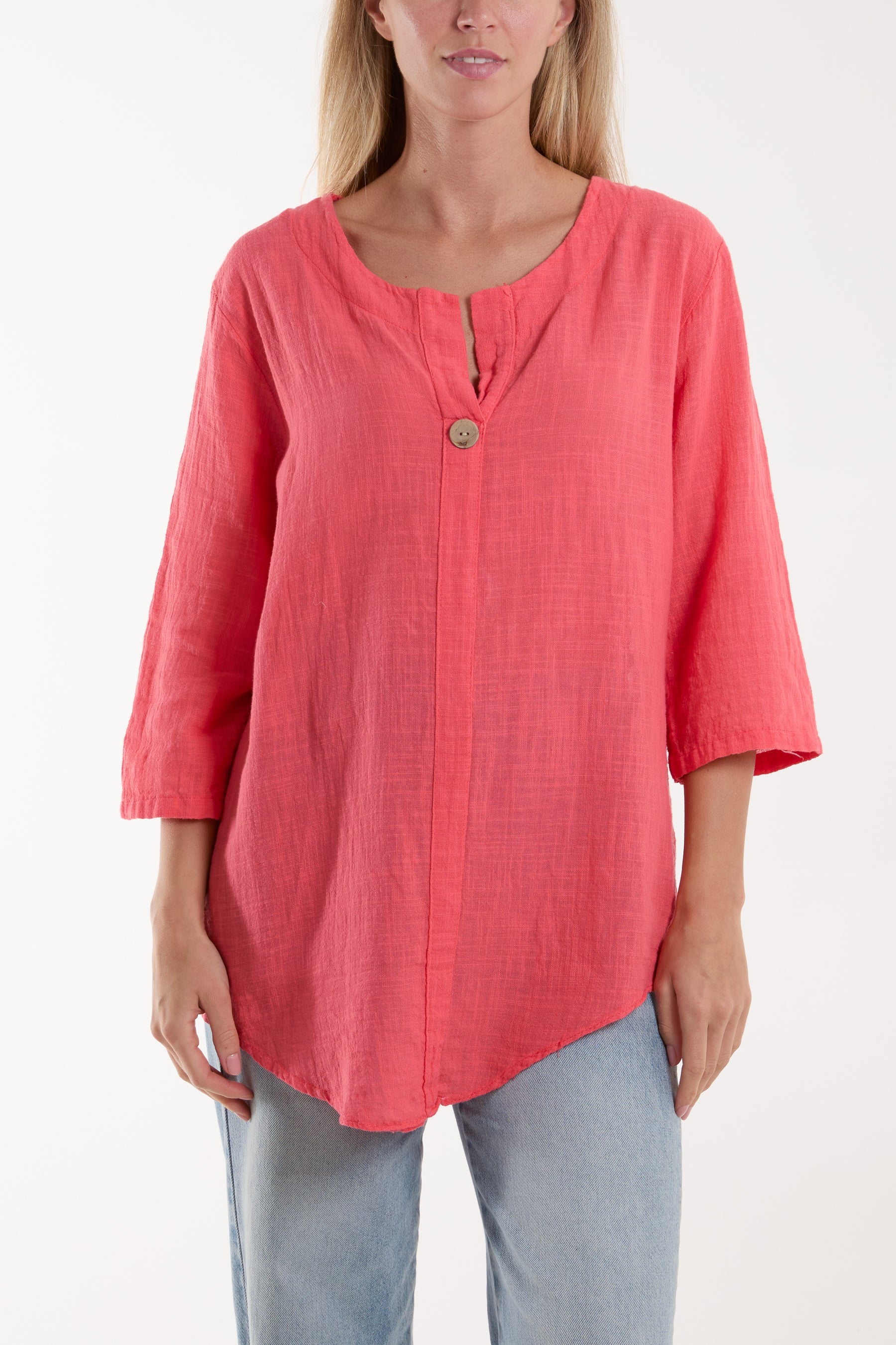 Front Button Cotton Washed Top Tops WearAll Coral One Size