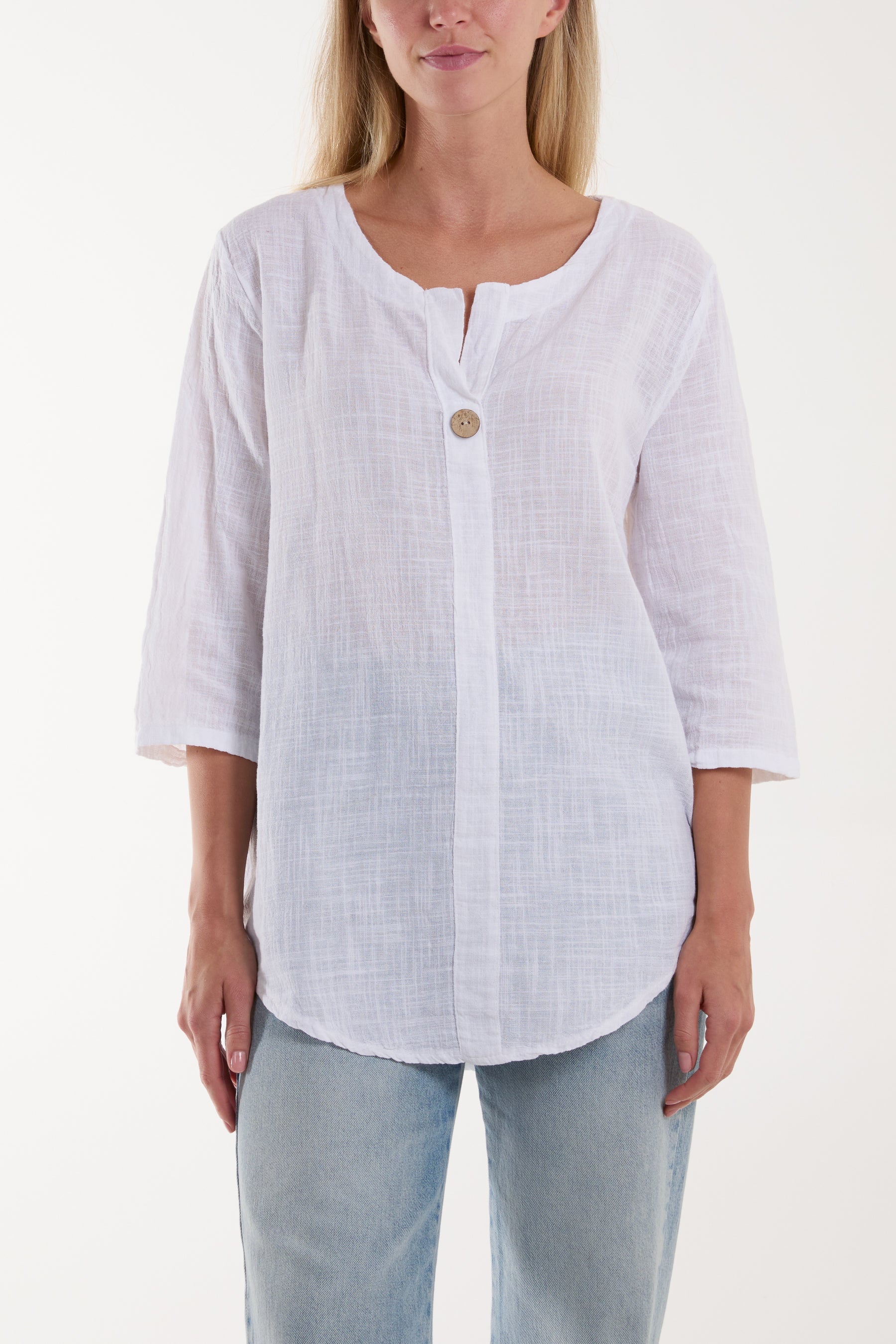 Front Button Cotton Washed Top Tops WearAll White One Size