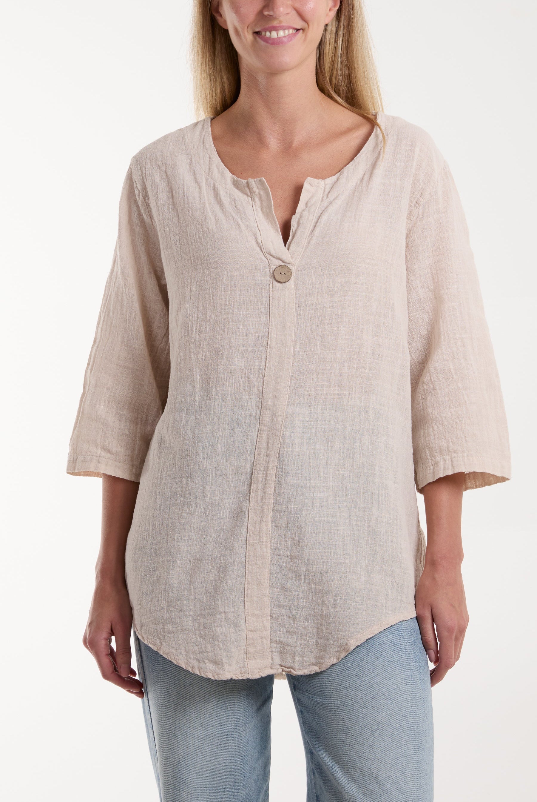 Front Button Cotton Washed Top Tops WearAll Beige One Size