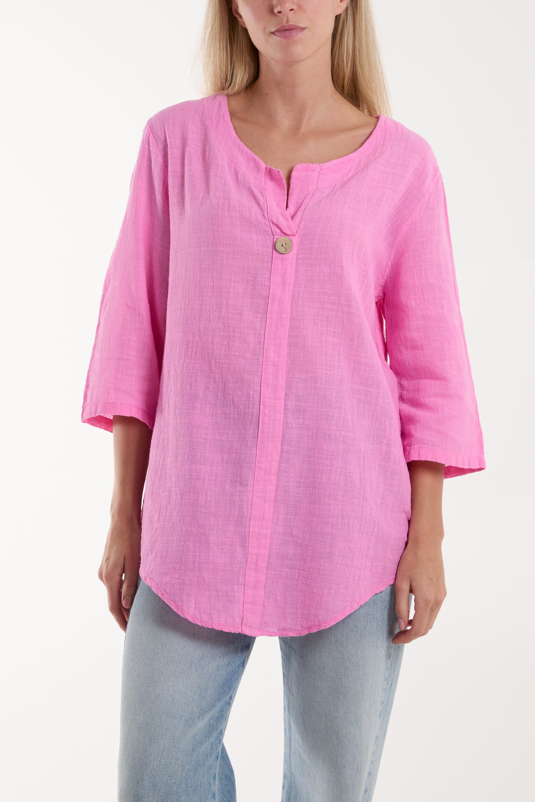 Front Button Cotton Washed Top Tops WearAll BubbleGum Pink One Size