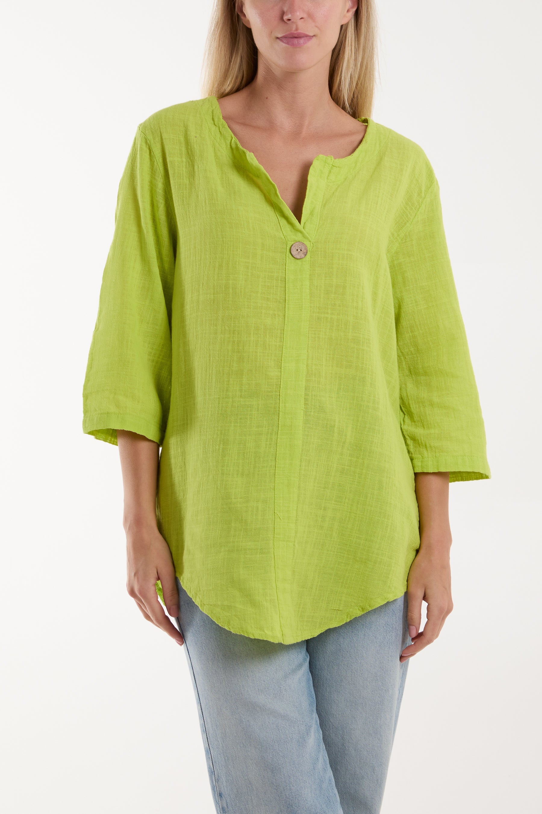 Front Button Cotton Washed Top Tops WearAll Lime One Size