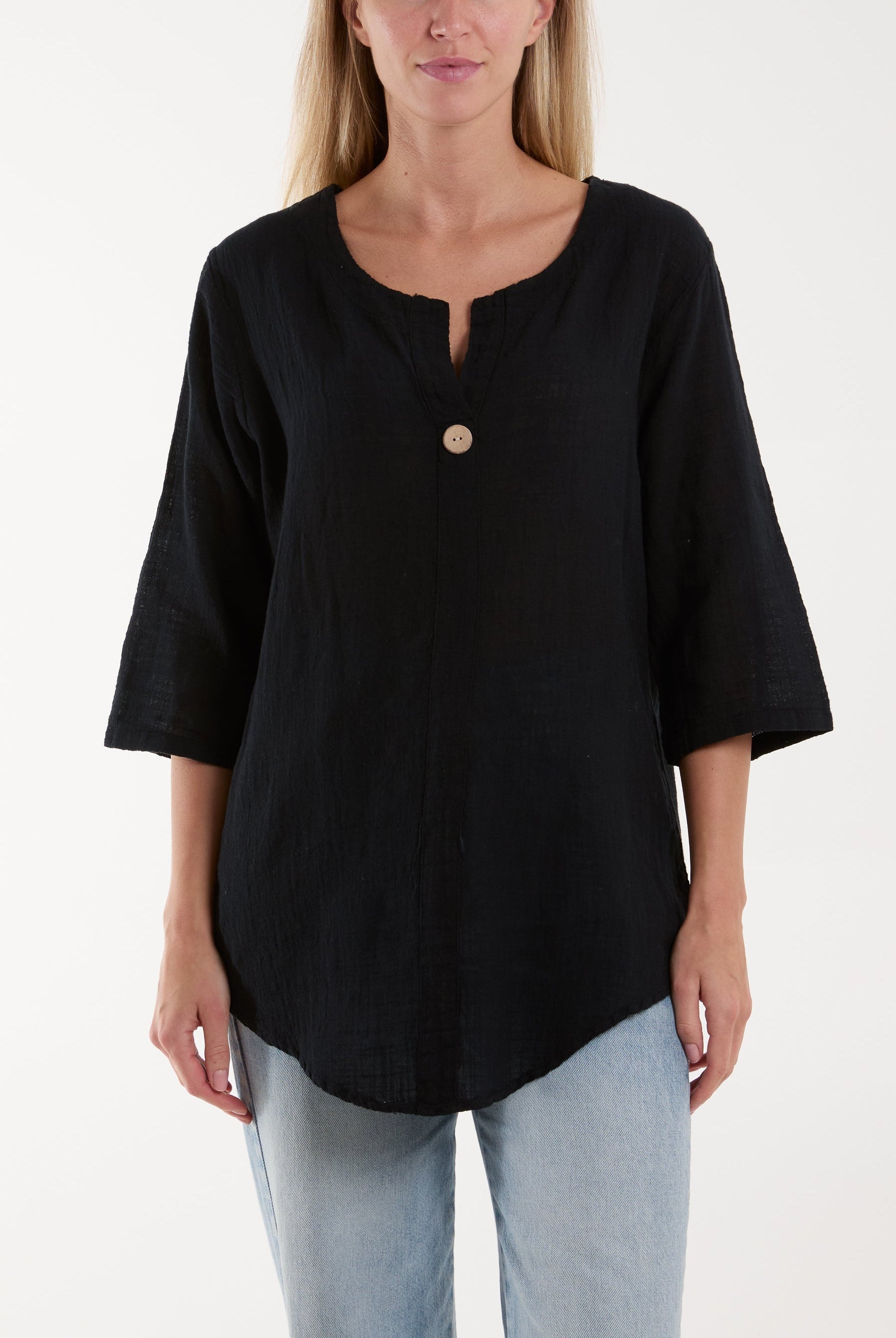 Front Button Cotton Washed Top Tops WearAll Black One Size
