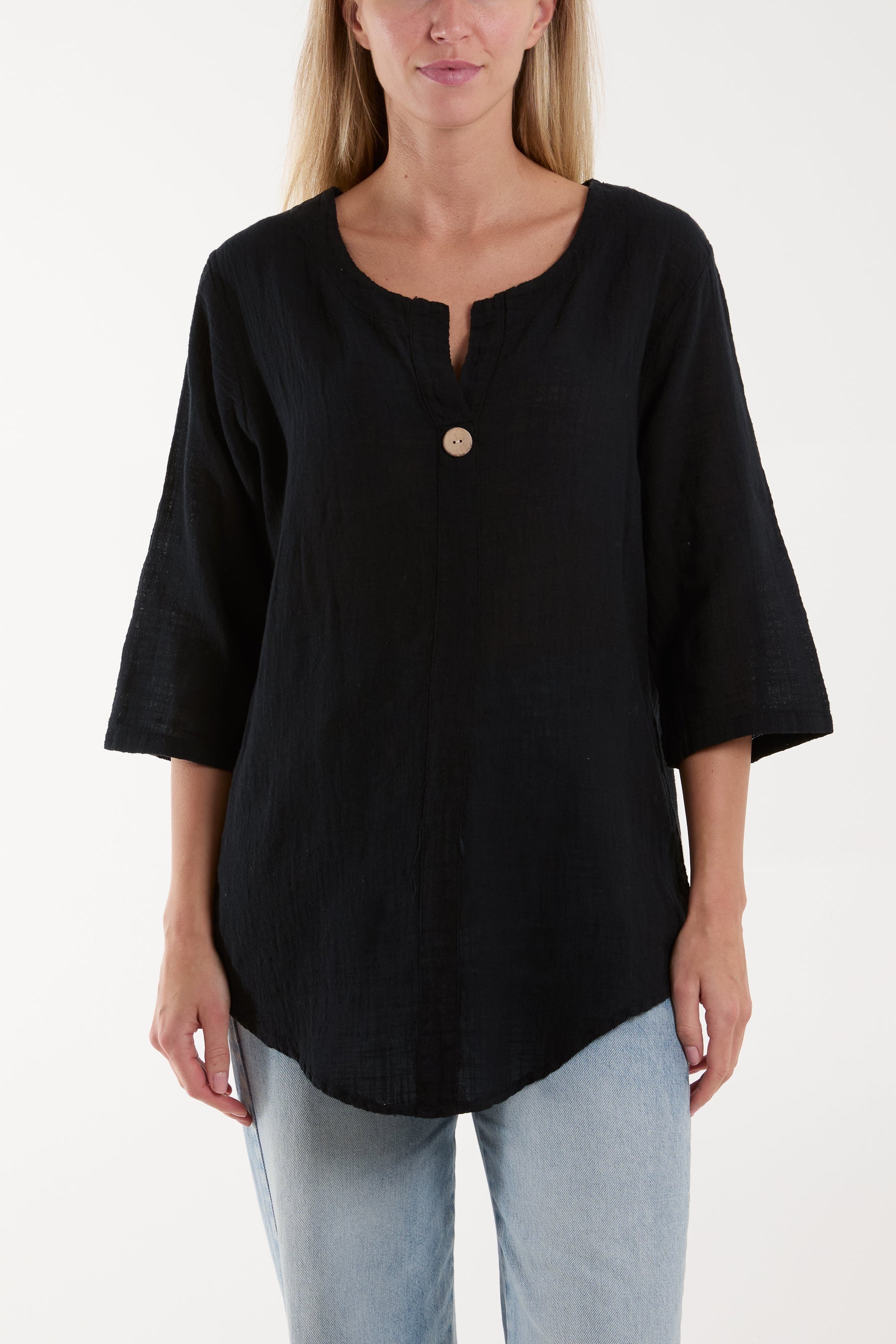 Front Button Cotton Washed Top Tops WearAll Black One Size