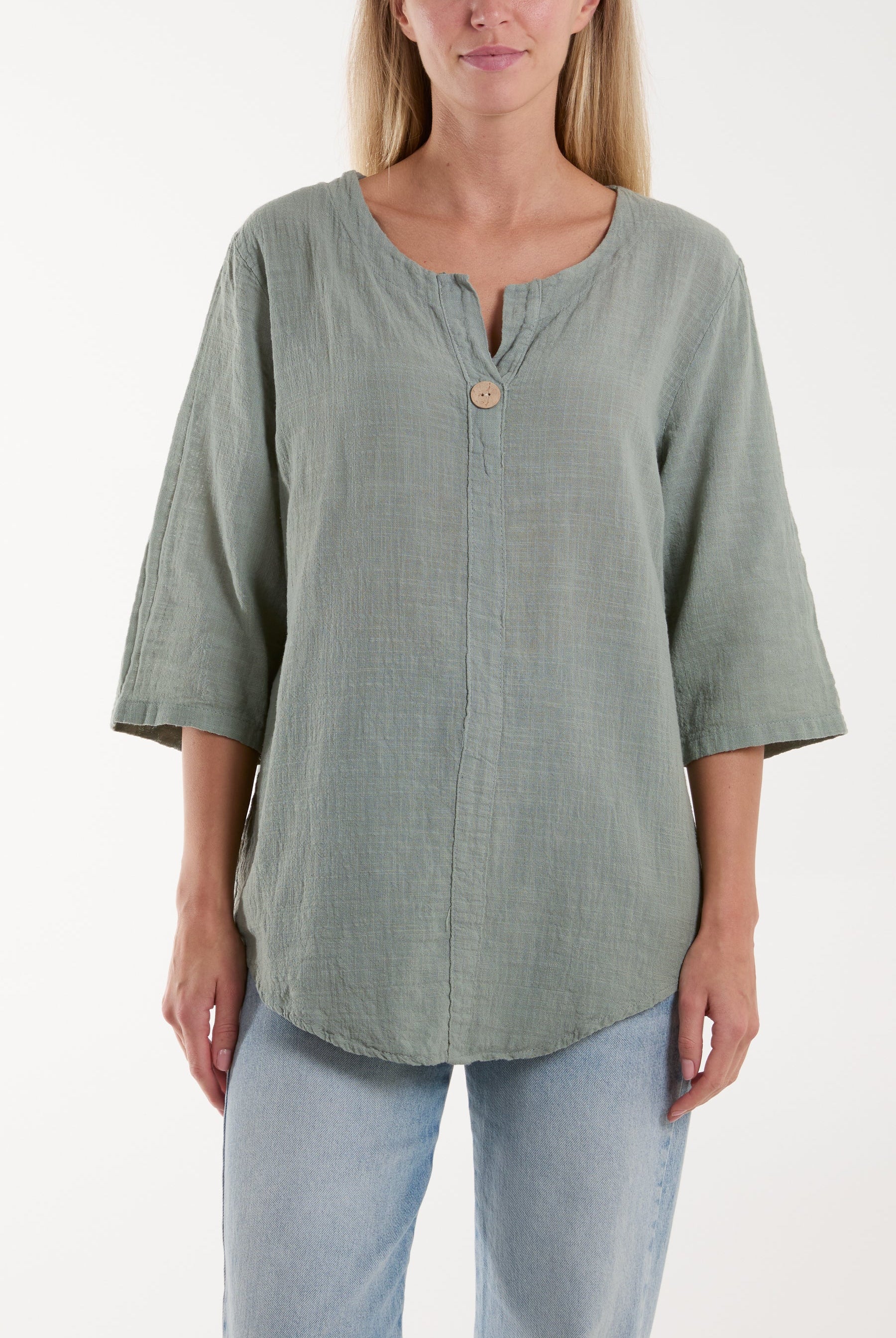 Front Button Cotton Washed Top Tops WearAll Khaki One Size