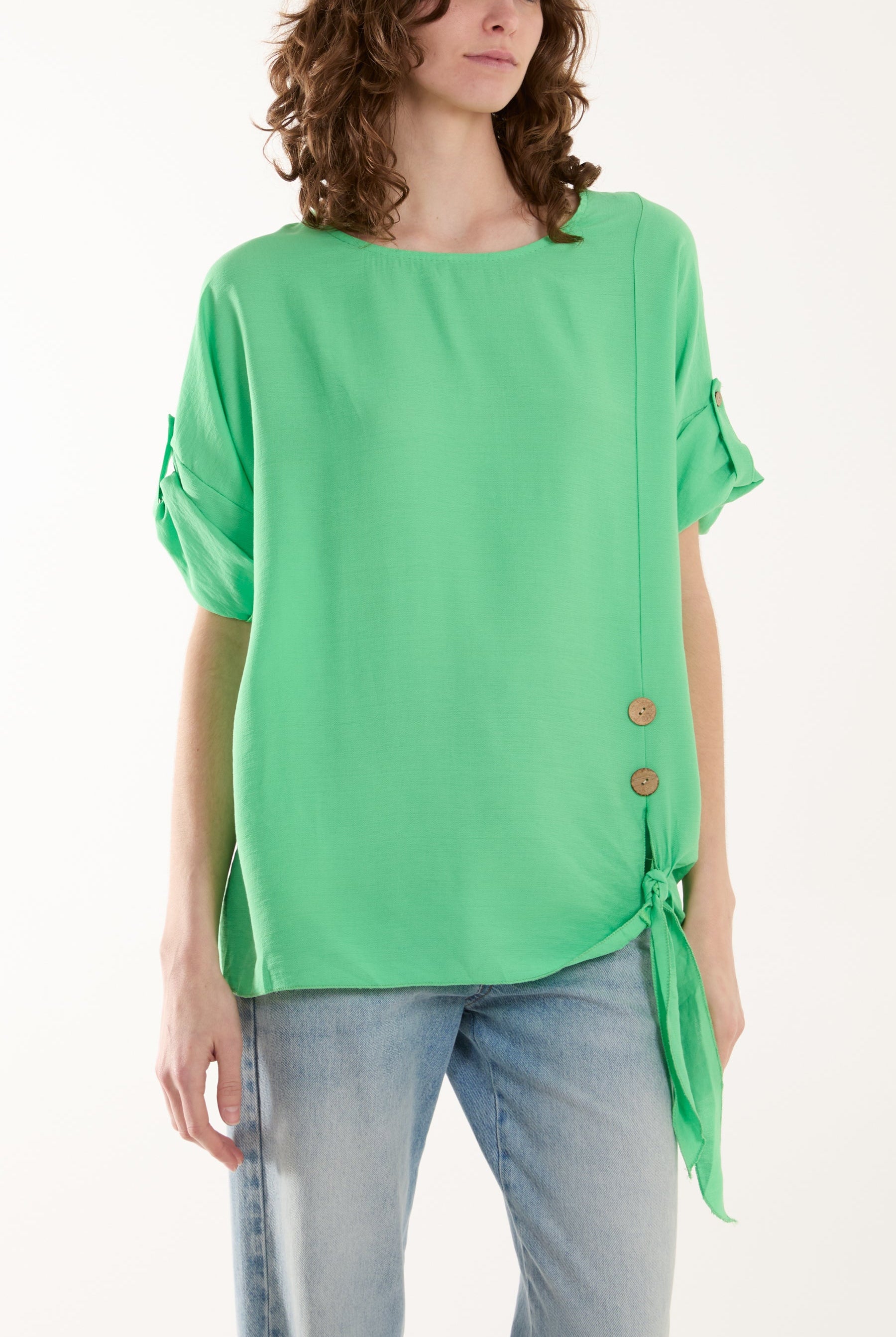 Two Button Front Knot Short Sleeve Top Tops WearAll Apple Green One Size