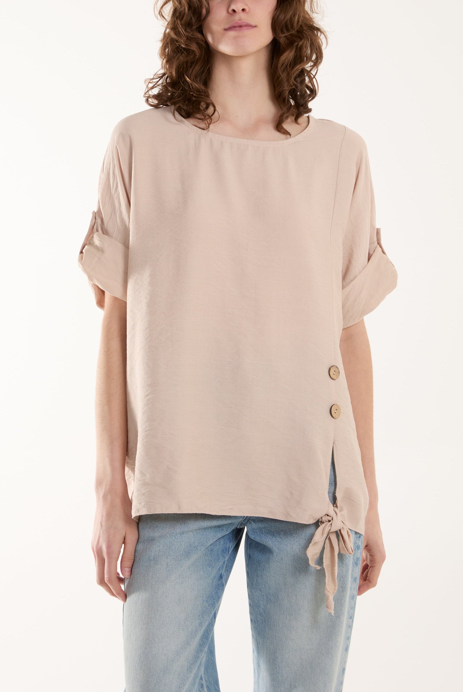 Two Button Front Knot Short Sleeve Top Tops WearAll Beige One Size