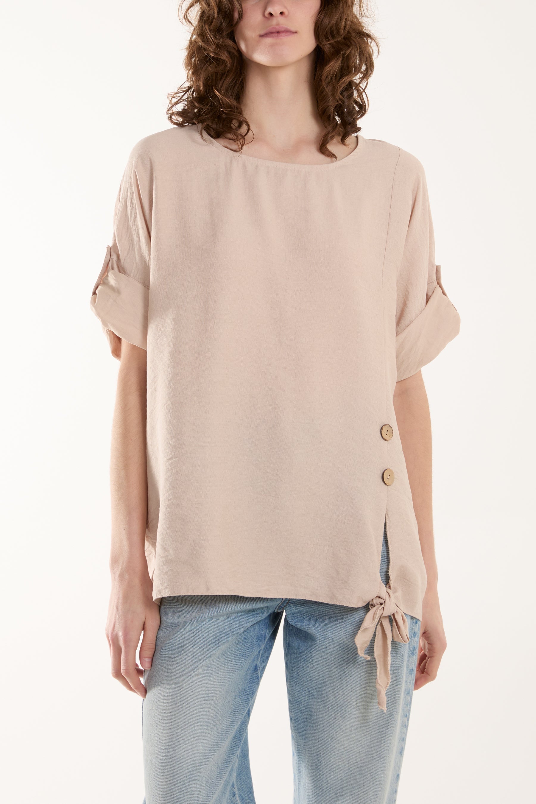 Two Button Front Knot Short Sleeve Top Tops WearAll Beige One Size