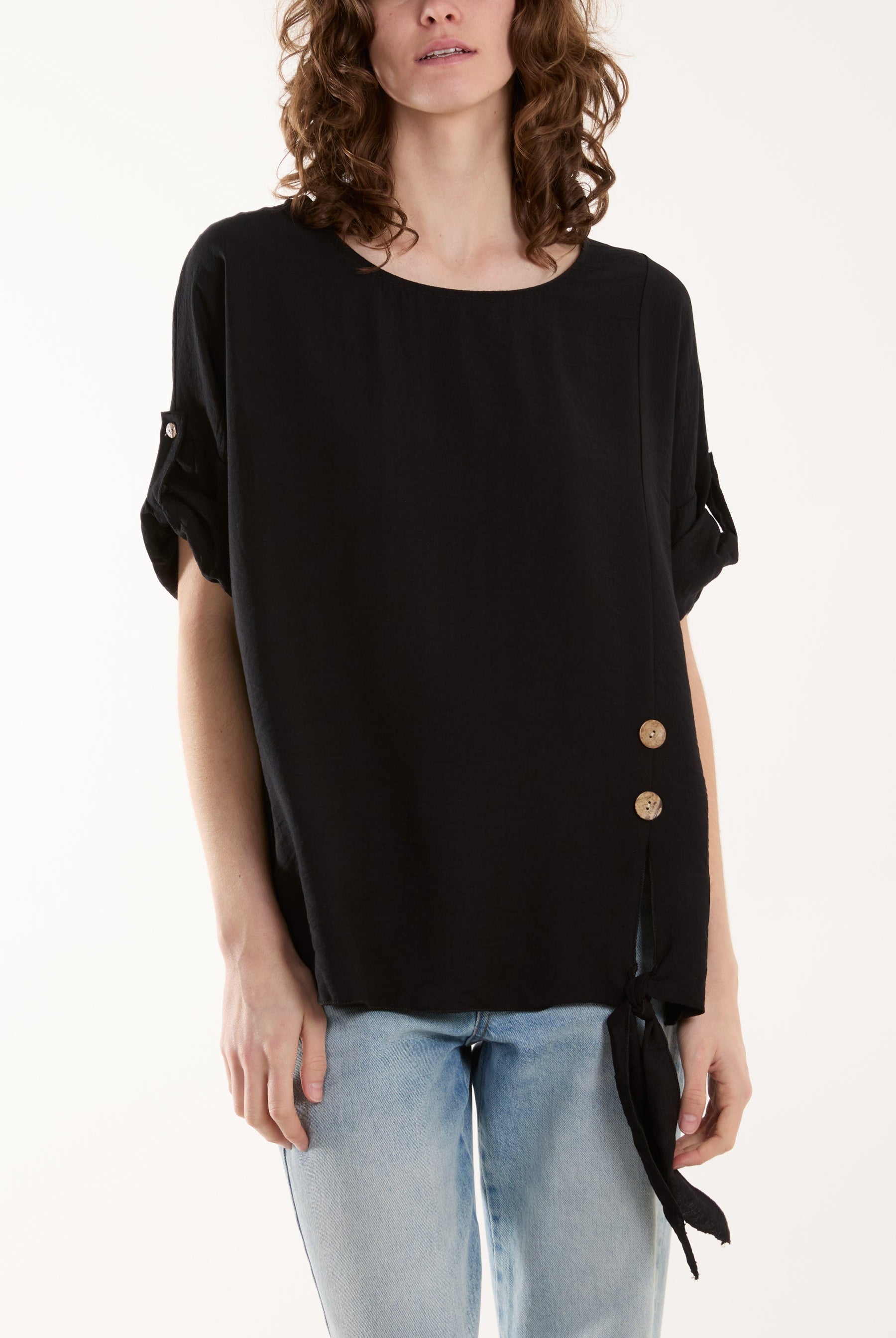 Two Button Front Knot Short Sleeve Top Tops WearAll Black One Size