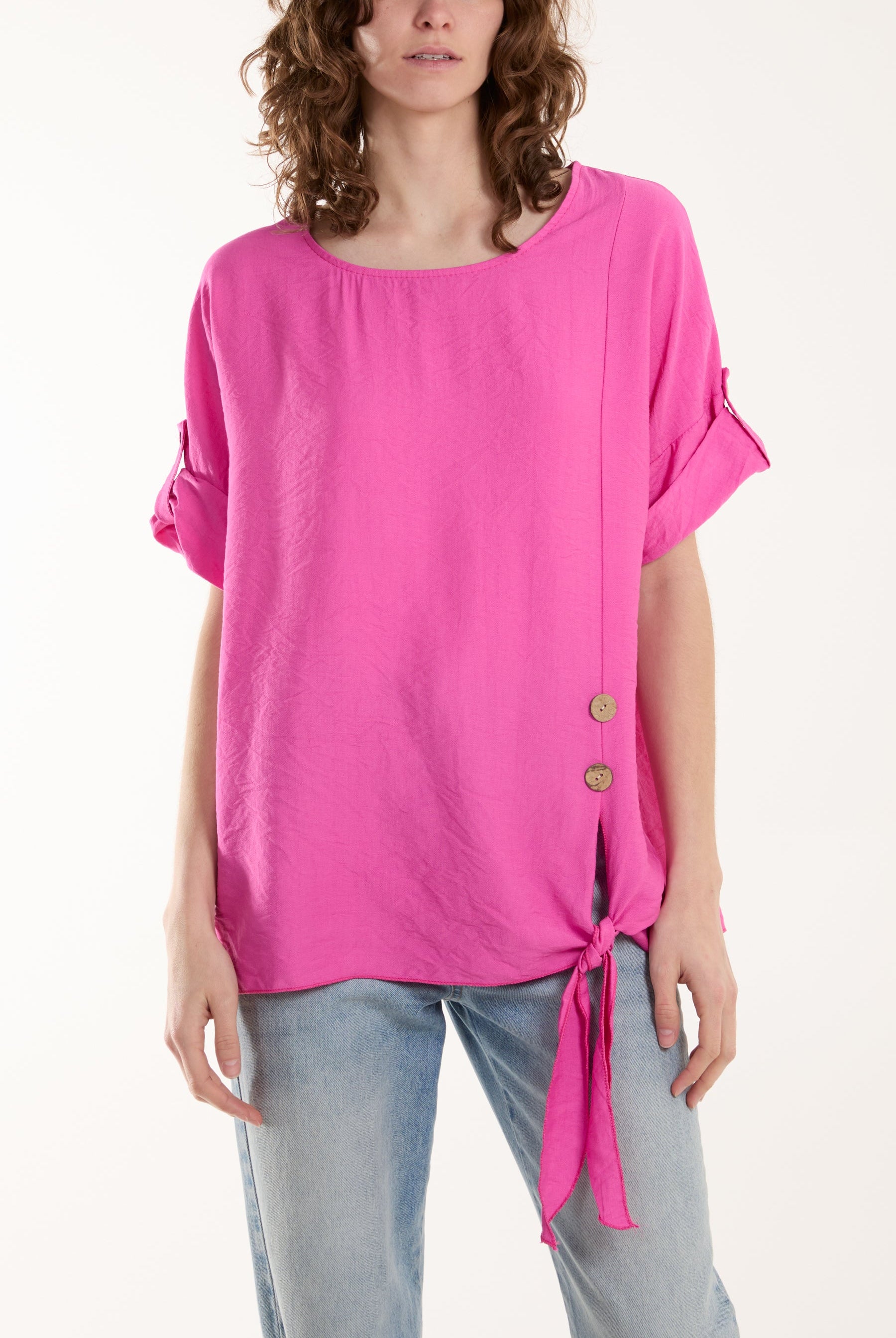Two Button Front Knot Short Sleeve Top Tops WearAll Hot Pink One Size
