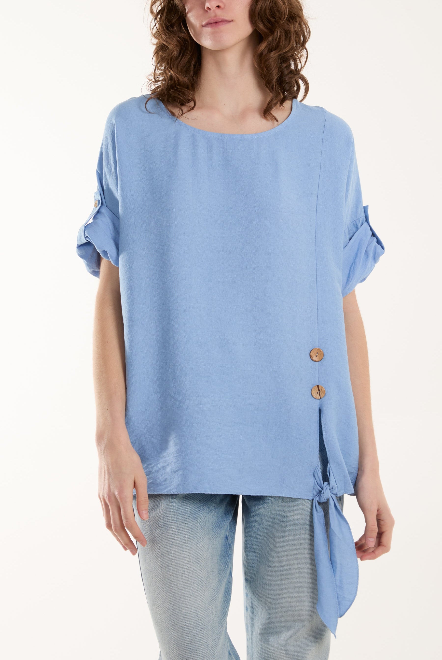 Two Button Front Knot Short Sleeve Top Tops WearAll Light Blue One Size