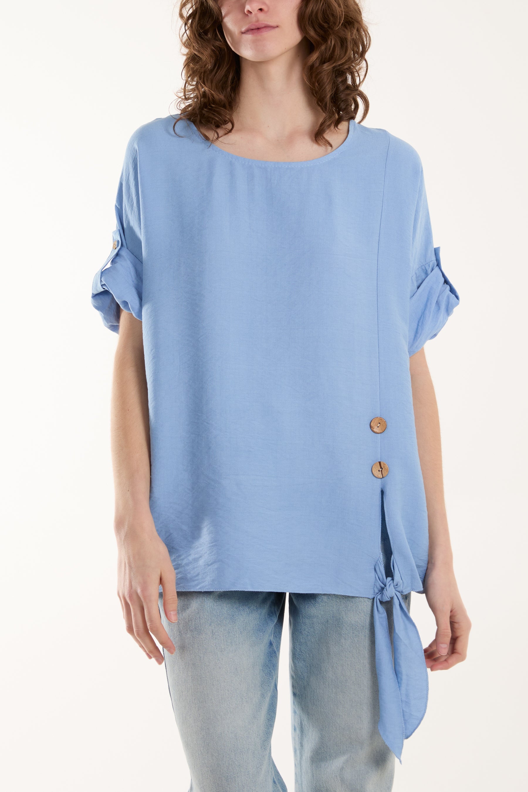 Two Button Front Knot Short Sleeve Top Tops WearAll Light Blue One Size