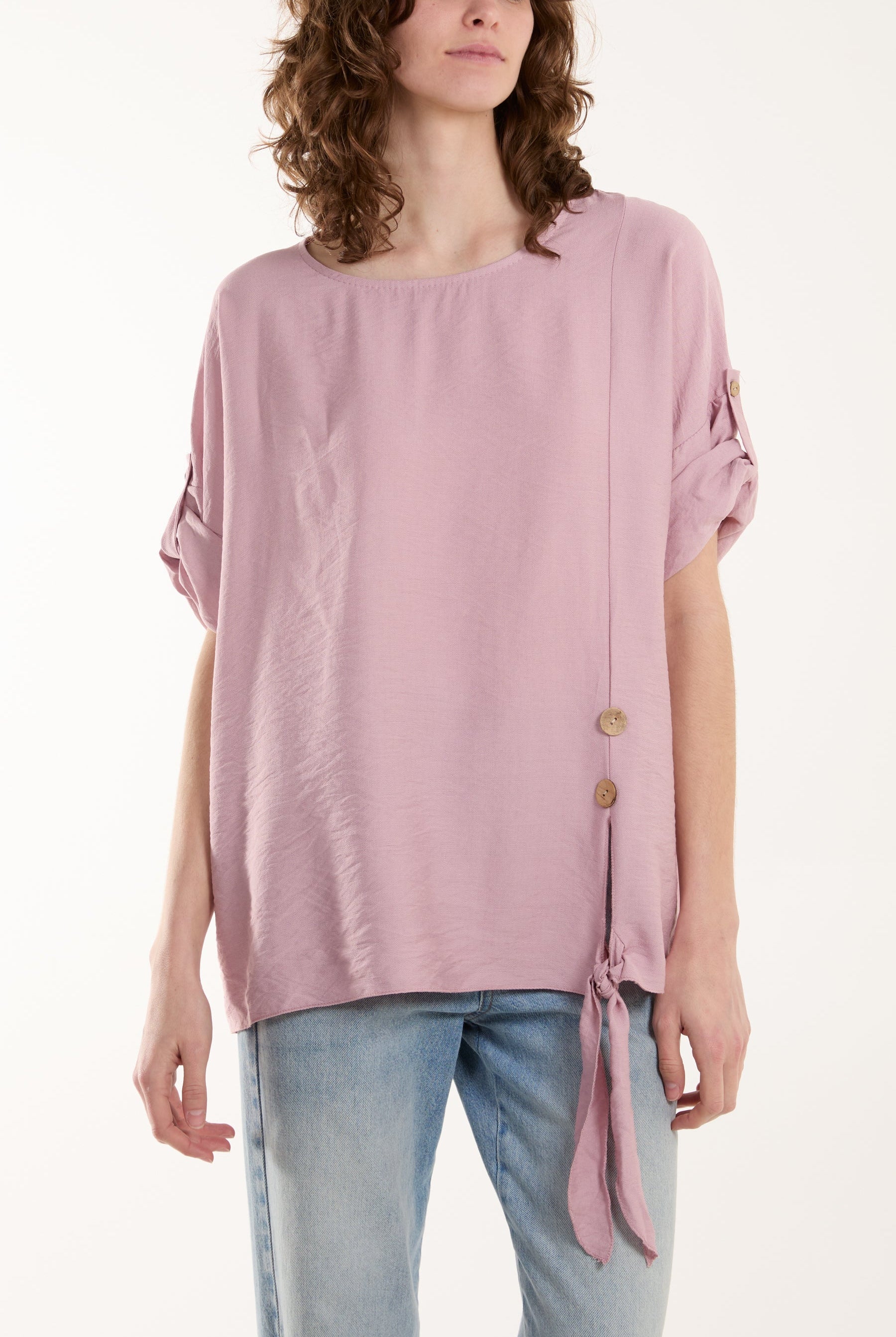 Two Button Front Knot Short Sleeve Top Tops WearAll Blush One Size