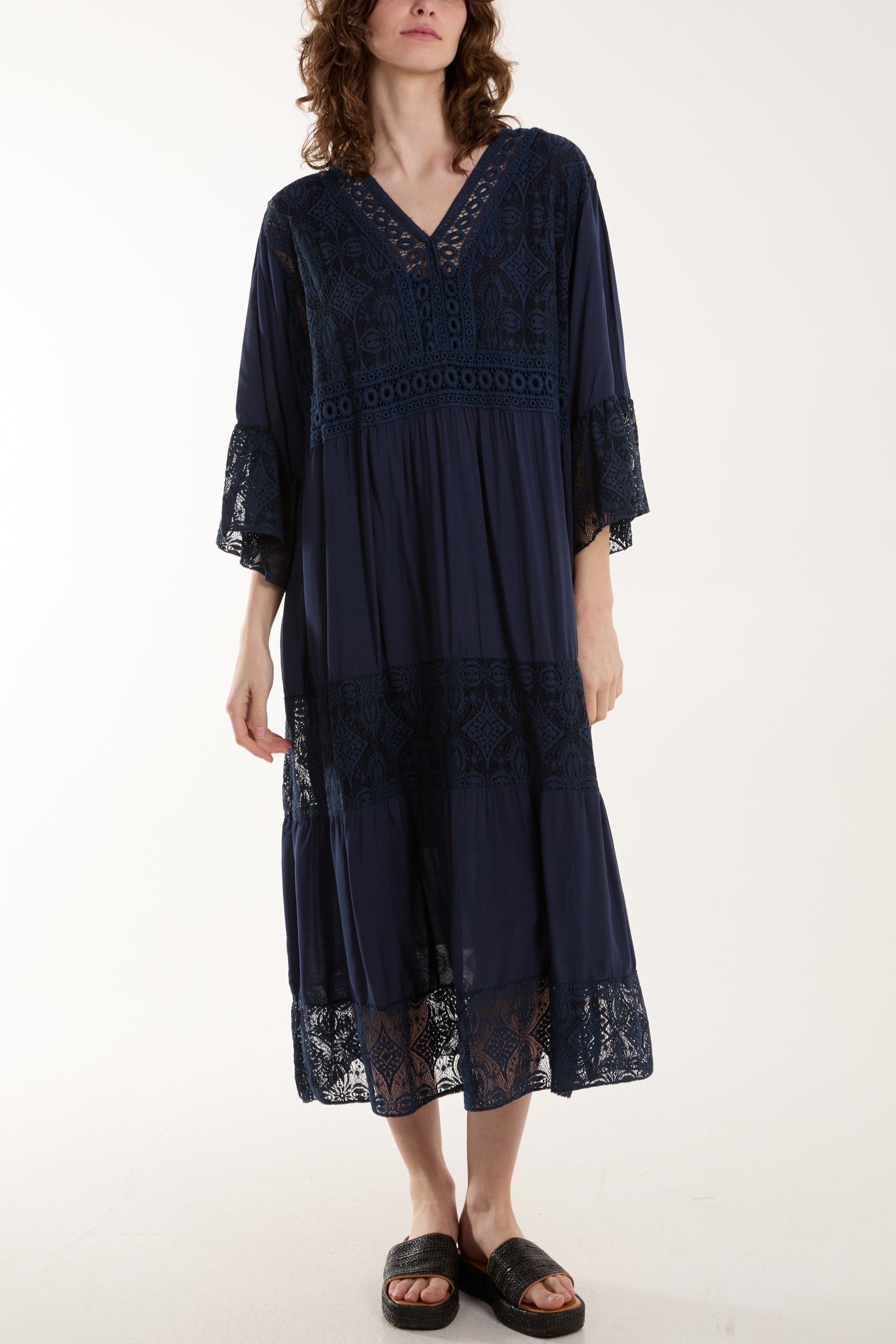 Lace Smock Tiered Midi Dress Dresses WearAll Navy One Size