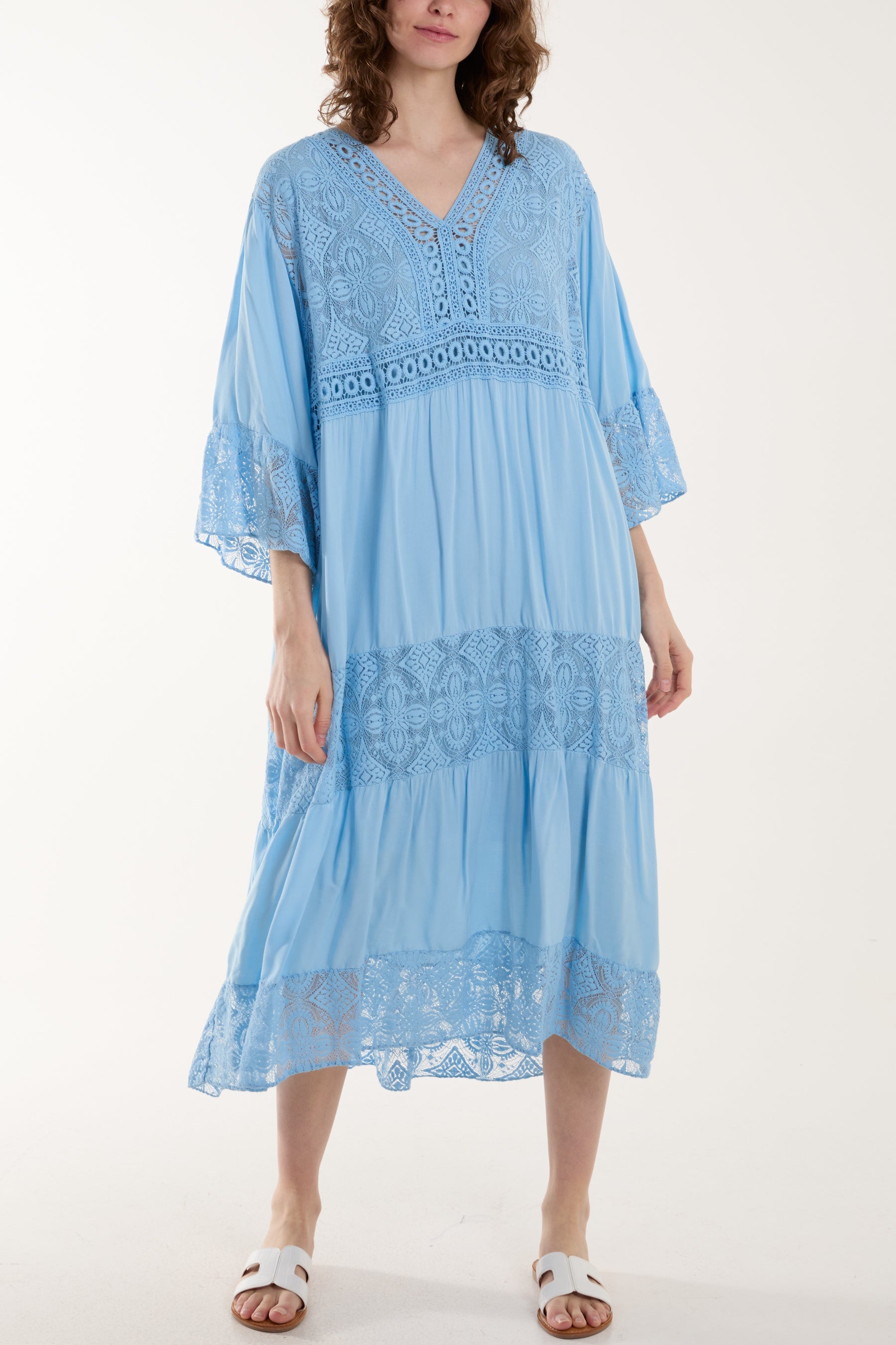 Lace Smock Tiered Midi Dress Dresses WearAll Light Blue One Size