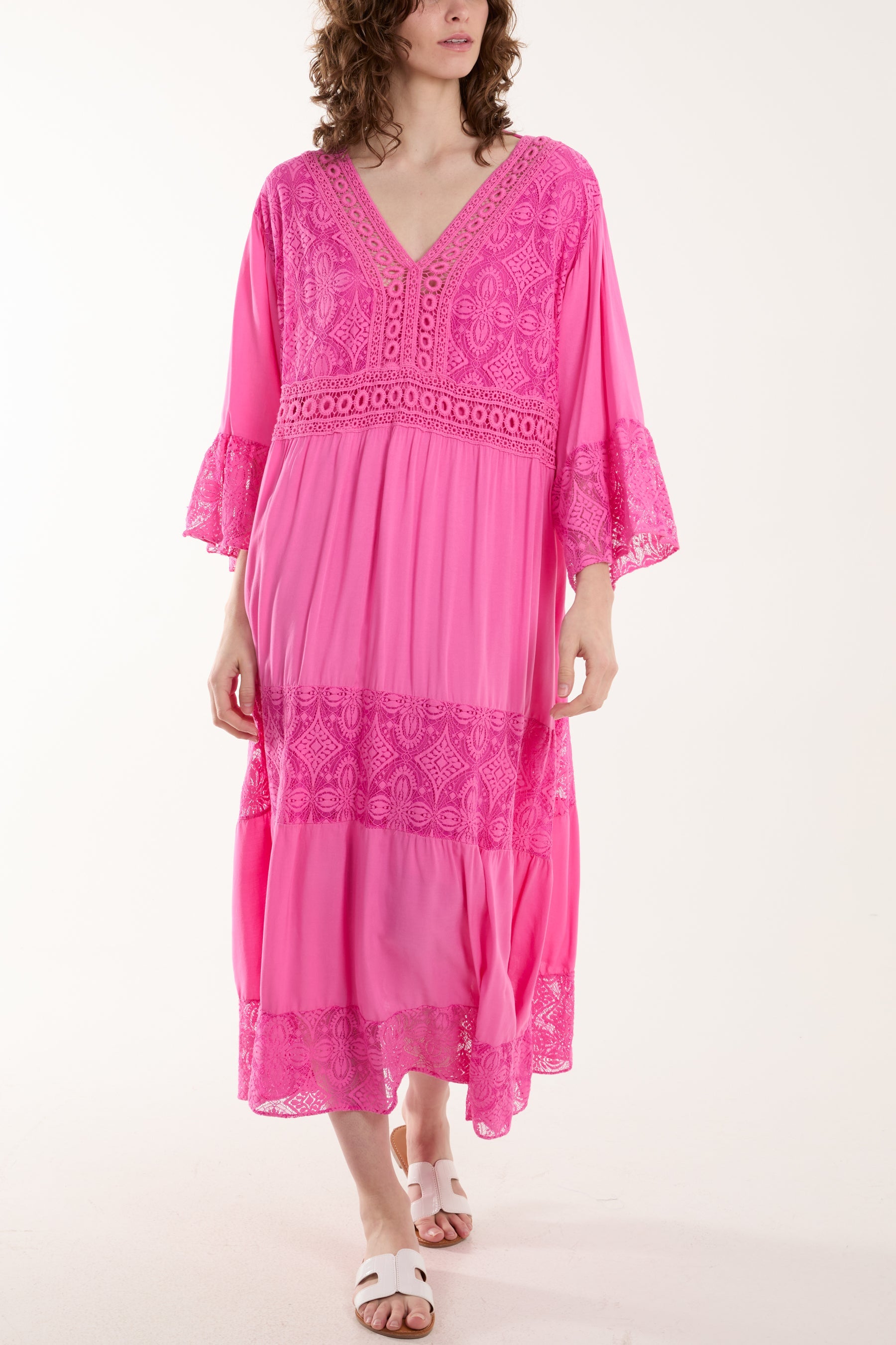 Lace Smock Tiered Midi Dress Dresses WearAll Hot Pink One Size