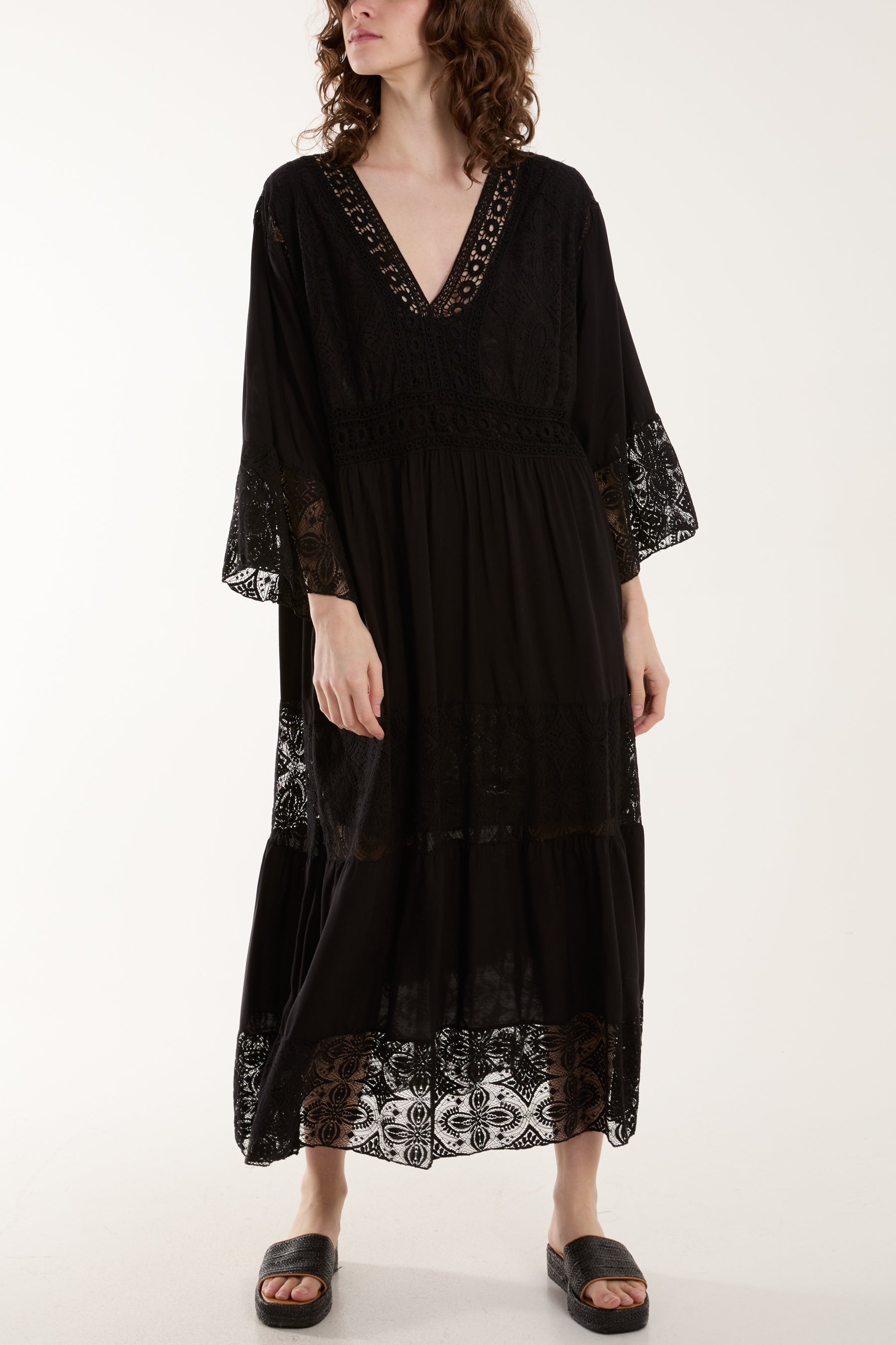 Lace Smock Tiered Midi Dress Dresses WearAll Black One Size