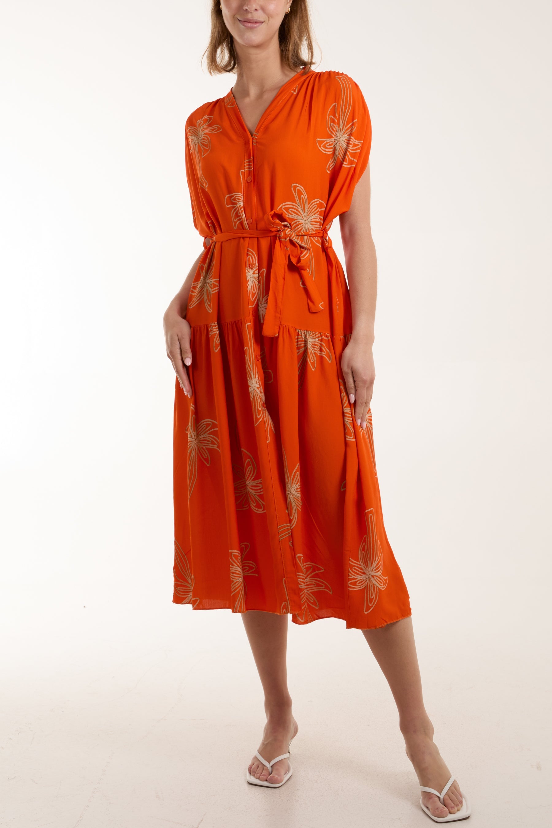 Palm Tree Belted Tiered Midi Dress Dresses WearAll Orange One Size