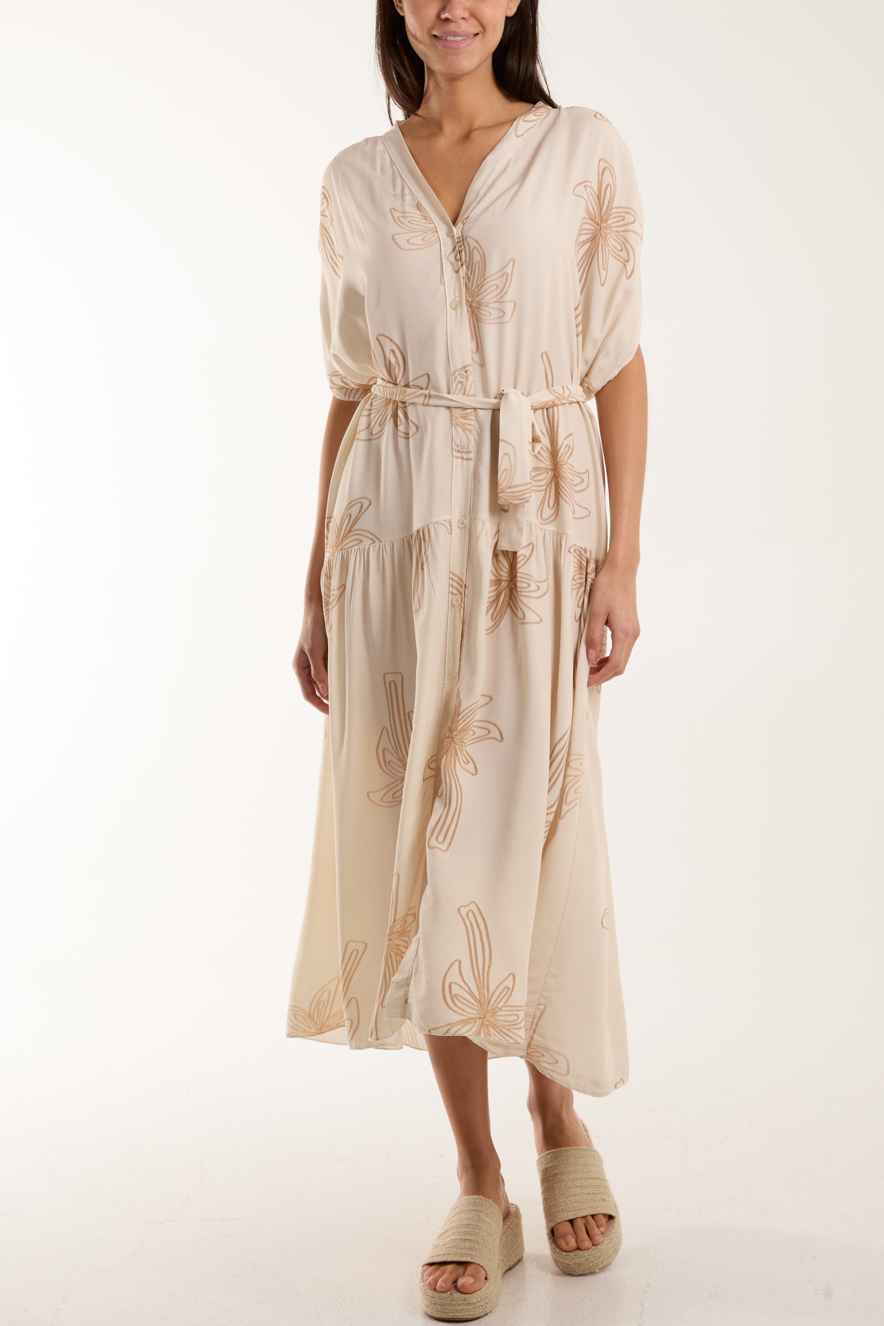 Palm Tree Belted Tiered Midi Dress Dresses WearAll Beige One Size