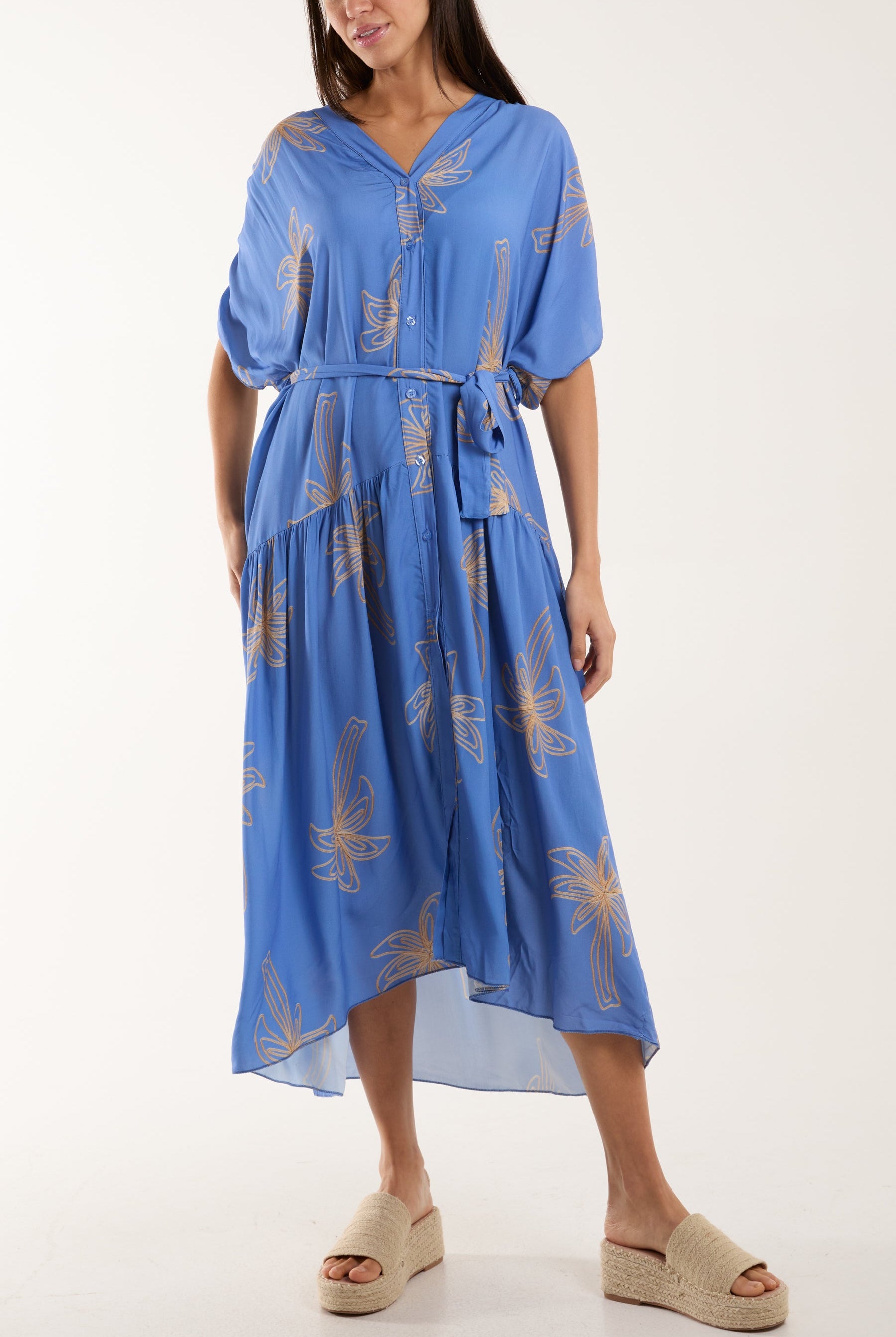 Palm Tree Belted Tiered Midi Dress Dresses WearAll Denim One Size