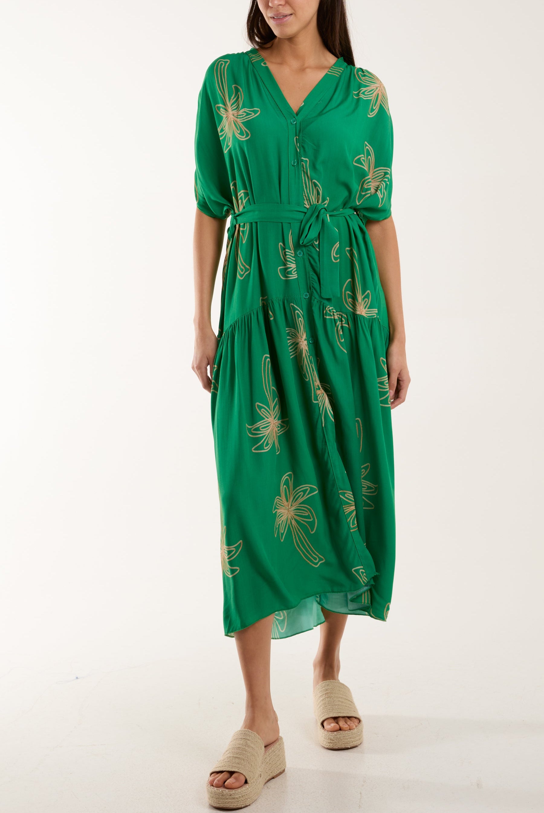 Palm Tree Belted Tiered Midi Dress Dresses WearAll Jade One Size