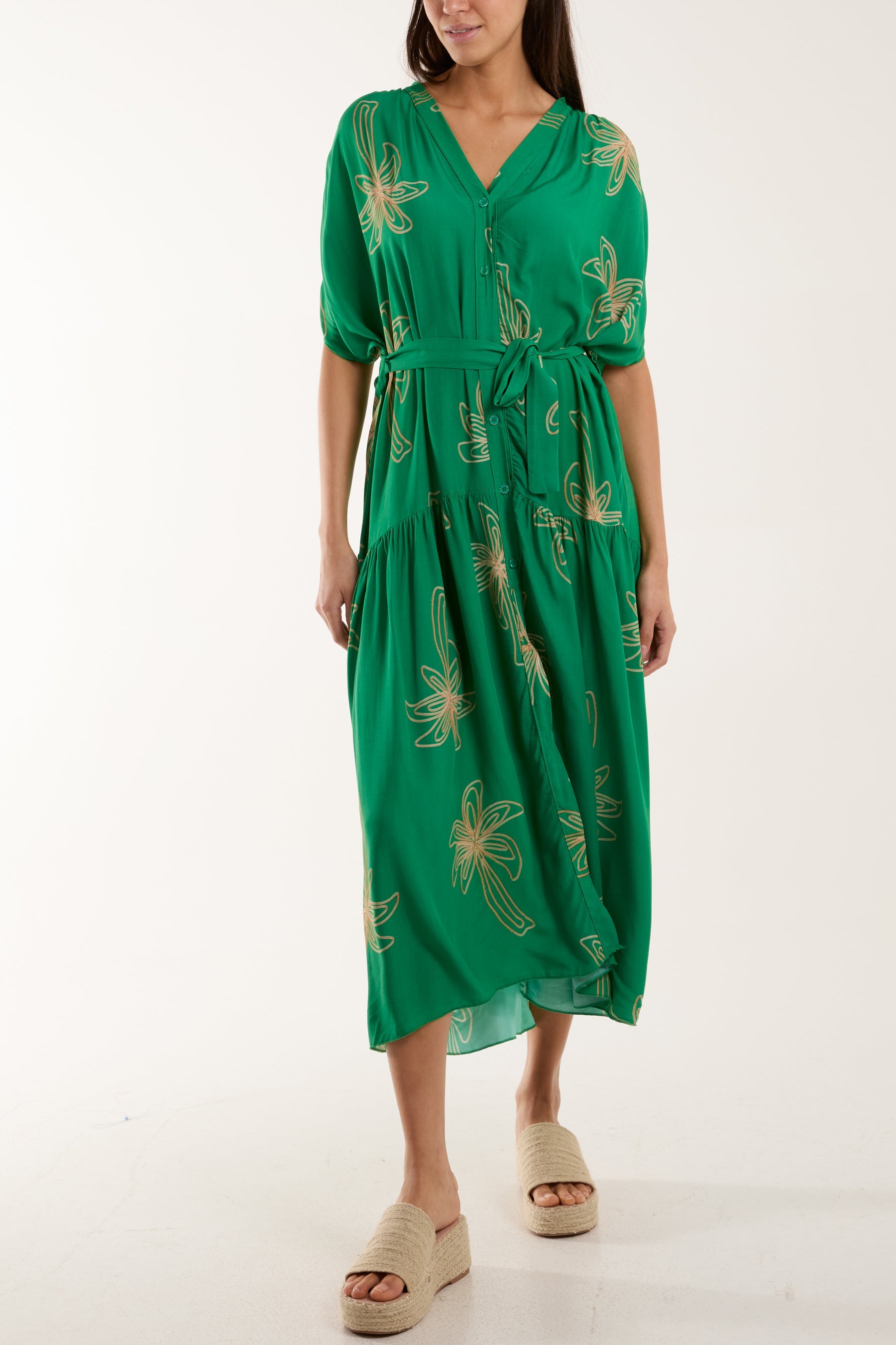 Palm Tree Belted Tiered Midi Dress Dresses WearAll Jade One Size