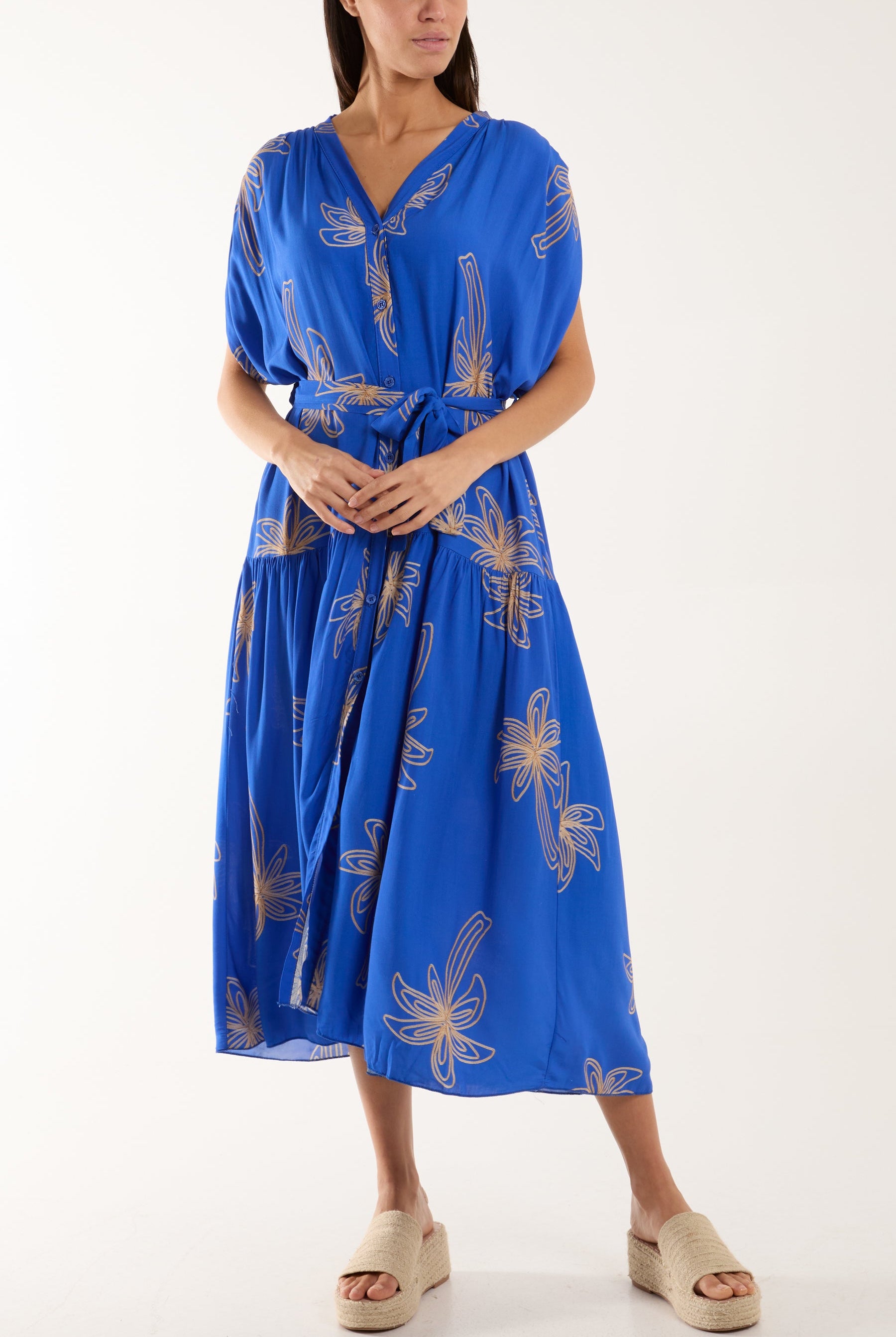 Palm Tree Belted Tiered Midi Dress Dresses WearAll Royal Blue One Size