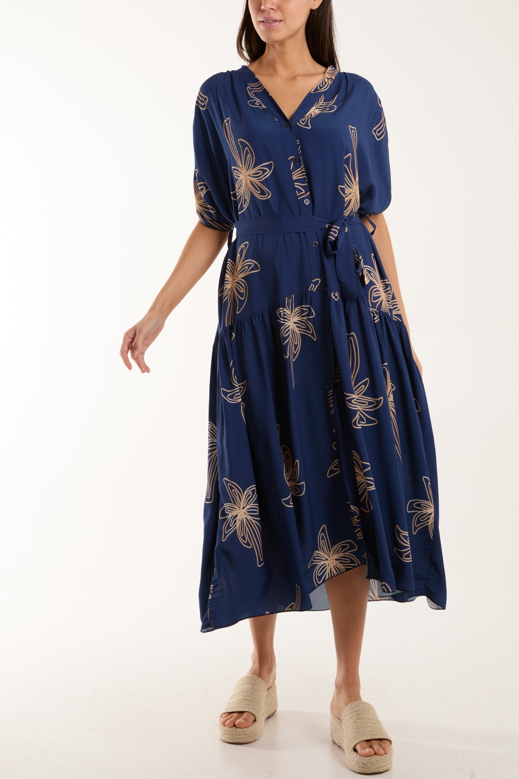 Palm Tree Belted Tiered Midi Dress Dresses WearAll Navy One Size